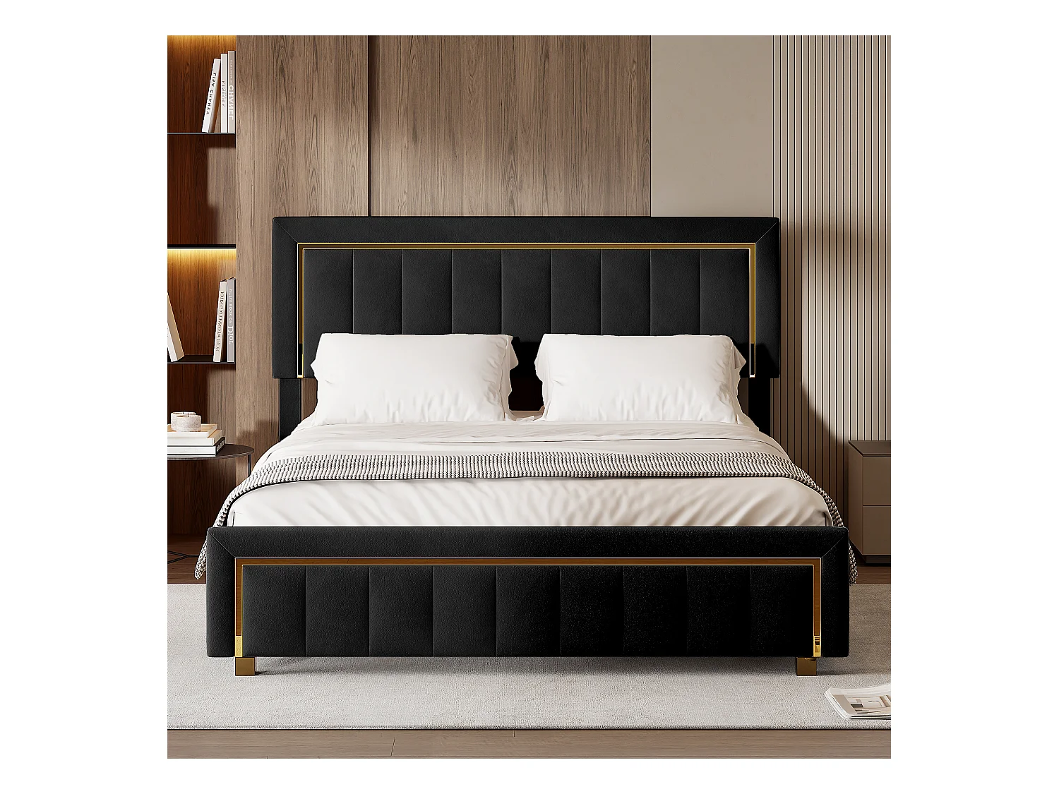 Gestoffeerd tweepersoonsbed, 140 x 200 cm, bedframe met hoofdbord en houten lattenbodem, zwart