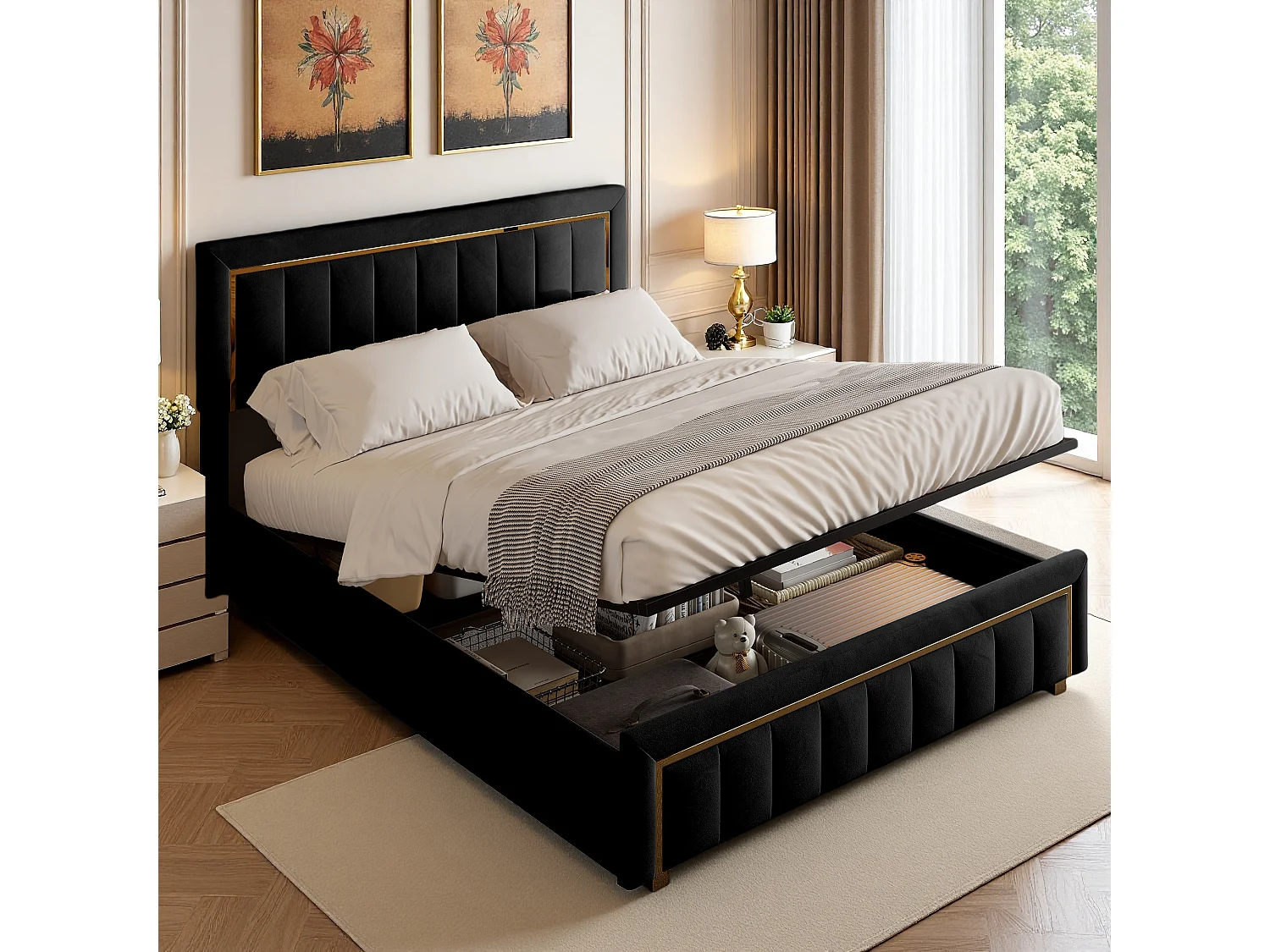 Letto contenitore 140x200 cm con testiera e rete a doghe, con contenitore idraulico sotto il letto, bordi verticali dorati, nero