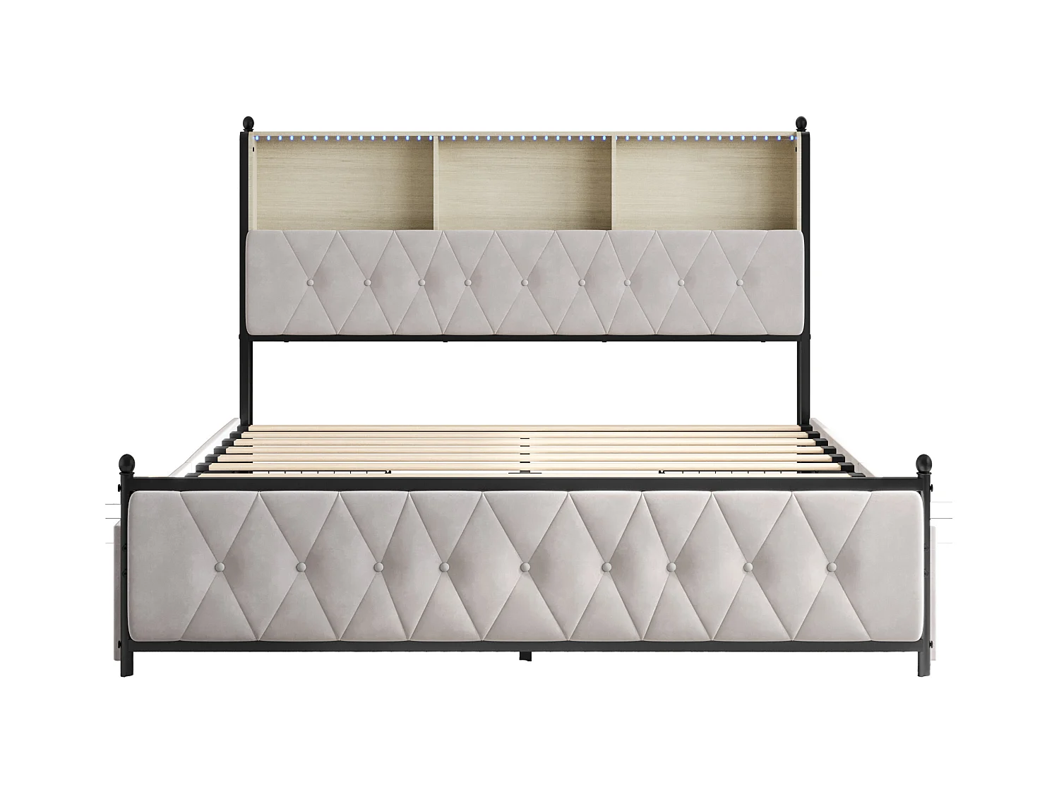 Lit 160x200 cm avec Sommier LED et USB,Lit Double rembourré avec sommier à Lattes et 4 Tiroirs,beige