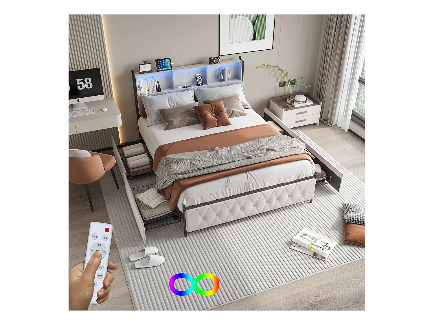 Lit 160x200 cm avec Sommier LED et USB,Lit Double rembourré avec sommier à Lattes et 4 Tiroirs,beige