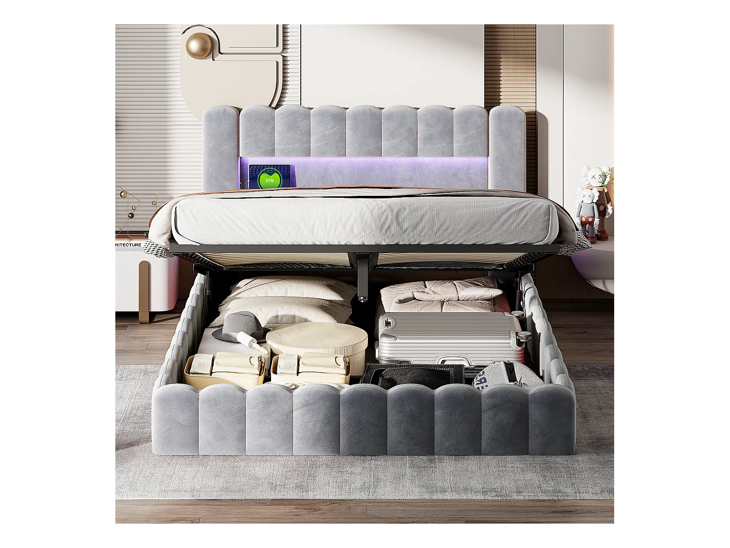 Cama de casal estofada, 180 x 200 cm, com LED, estrado e cabeceira de ripas, veludo, cinza