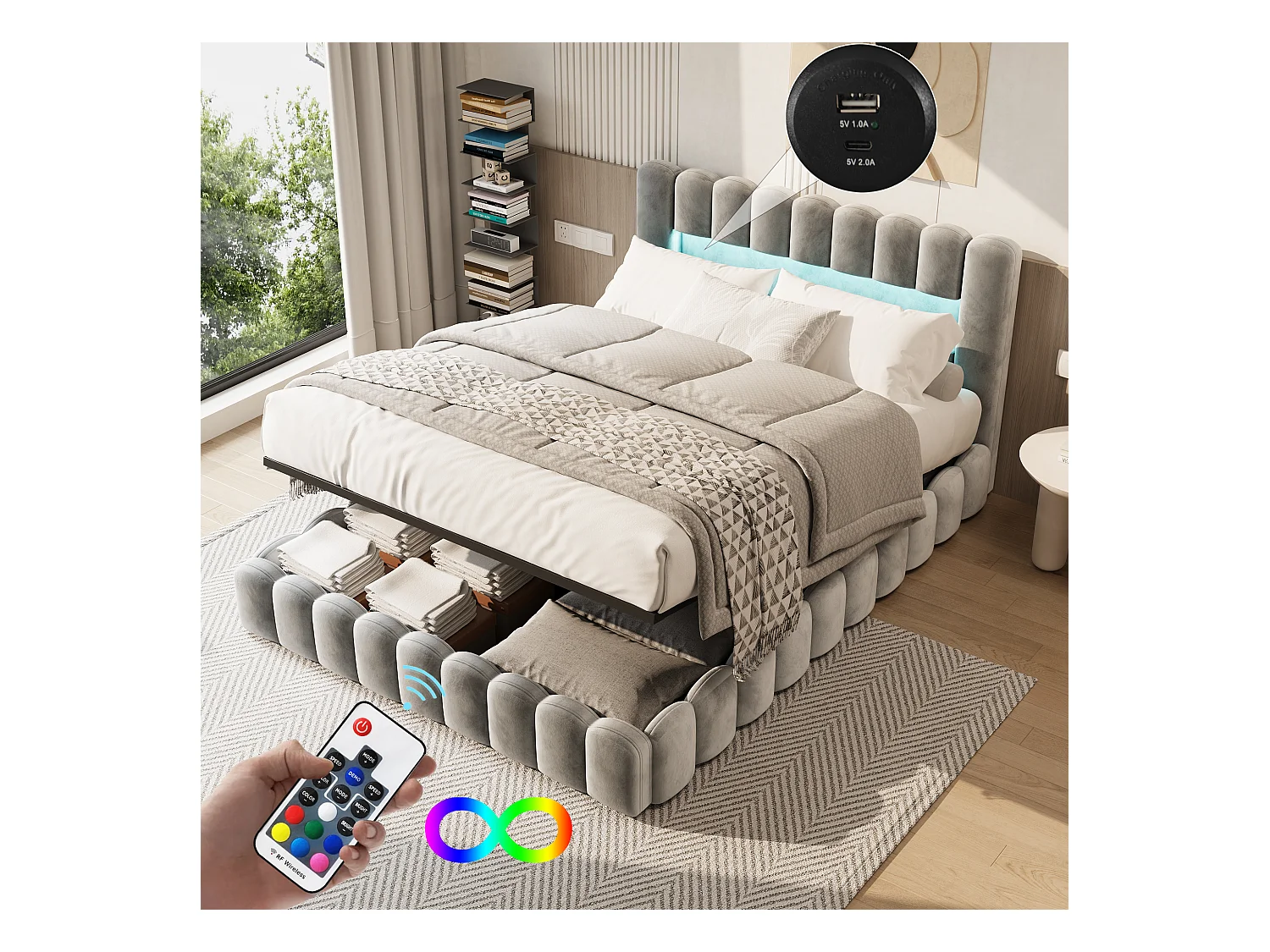 Cama de casal estofada, 180 x 200 cm, com LED, estrado e cabeceira de ripas, veludo, cinza