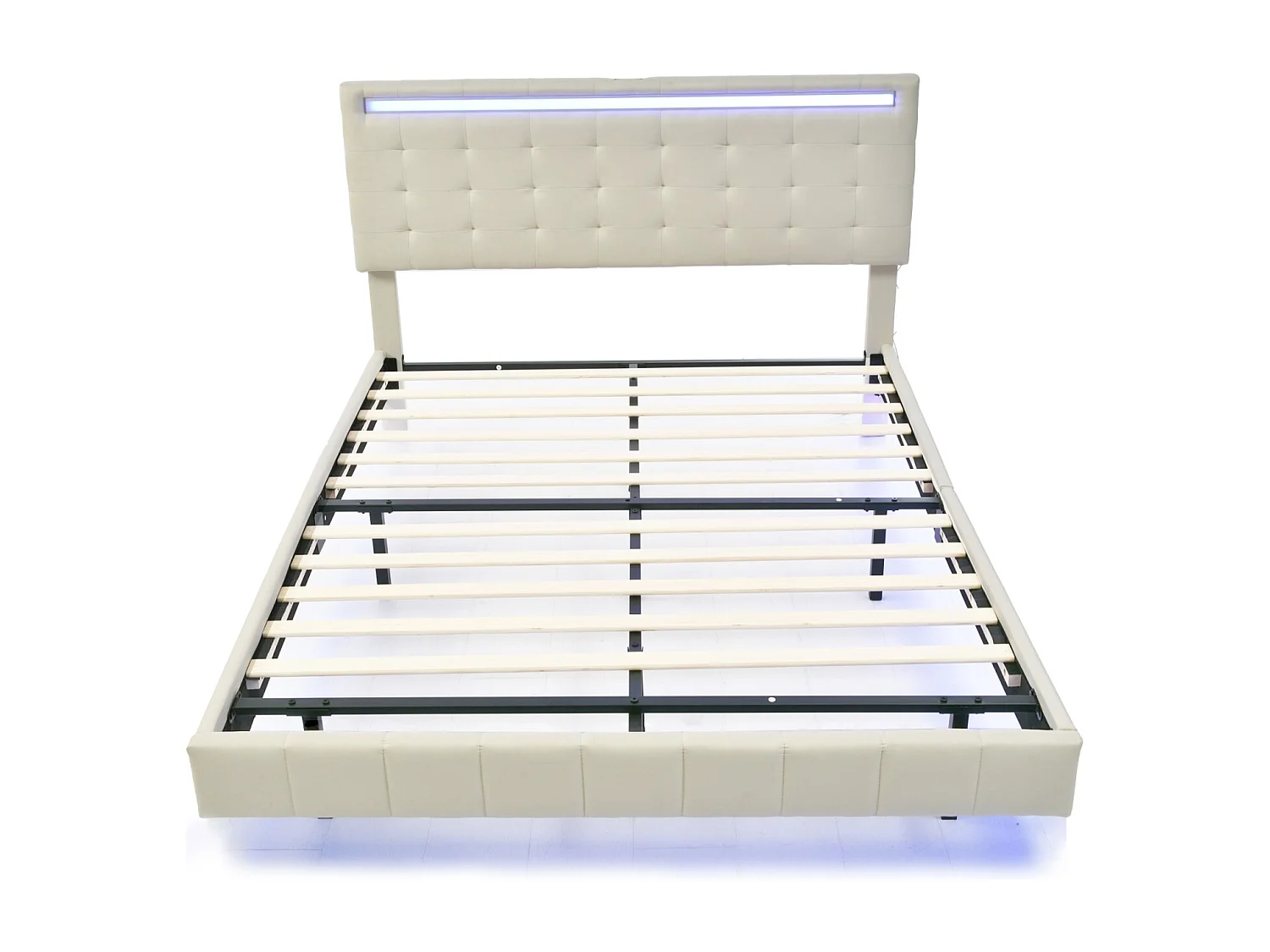 Lit 140 x 200 cm avec éclairage LED et tête de lit réglable, sommier à lattes,  tissu en lin, beige