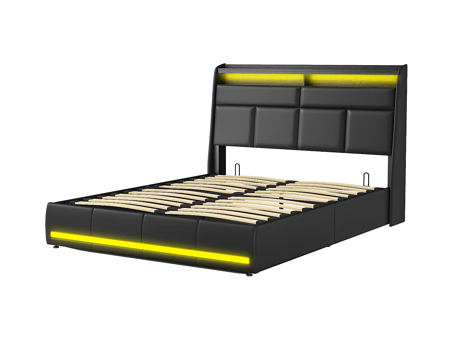 Lit Coffre160 x 200 cm avec Sommier LED et USB, Lits Rembourré Cadre de Lits avec à Lattes,PU,Noir