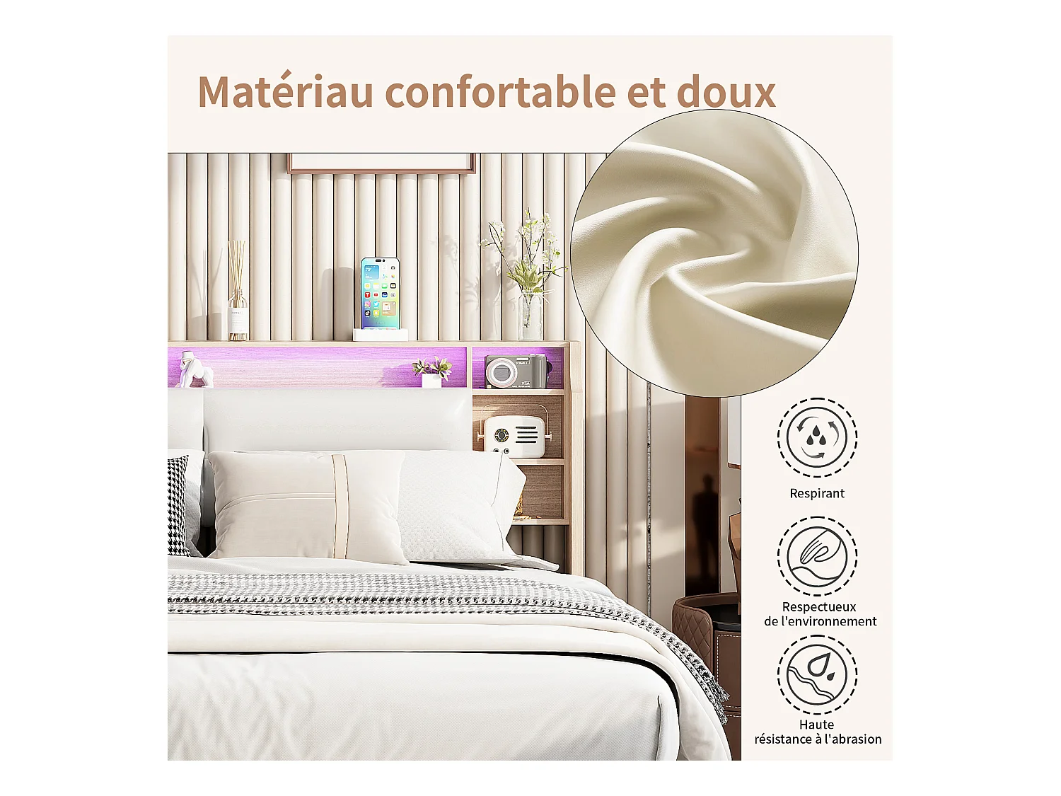 Lit rembourré, 160 x 200 cm, avec LED et chargement USB, lit double, espace de rangement, PU, blanc