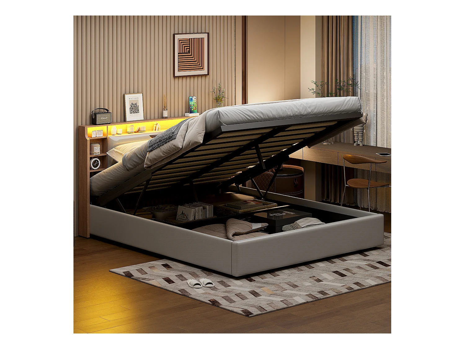 Cama estofada, 160 x 200 cm, com LED e carregamento USB, cama de casal, espaço de armazenamento, PU, branco