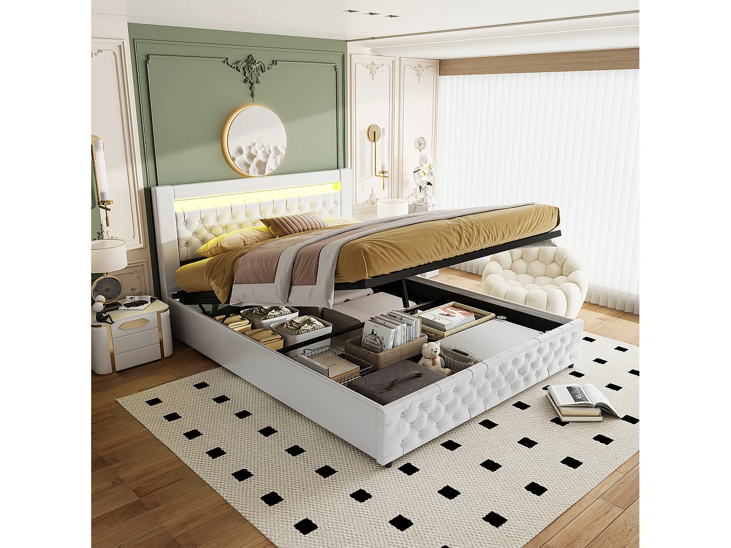 Cama moderna tapizada 160x200 cm con almacenaje hidráulico, cabecero con LED, PU, blanco