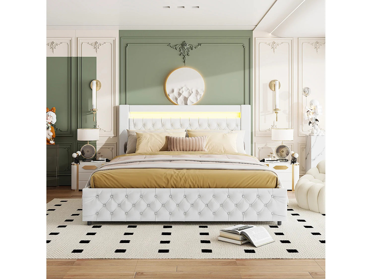 Cama moderna tapizada 160x200 cm con almacenaje hidráulico, cabecero con LED, PU, blanco