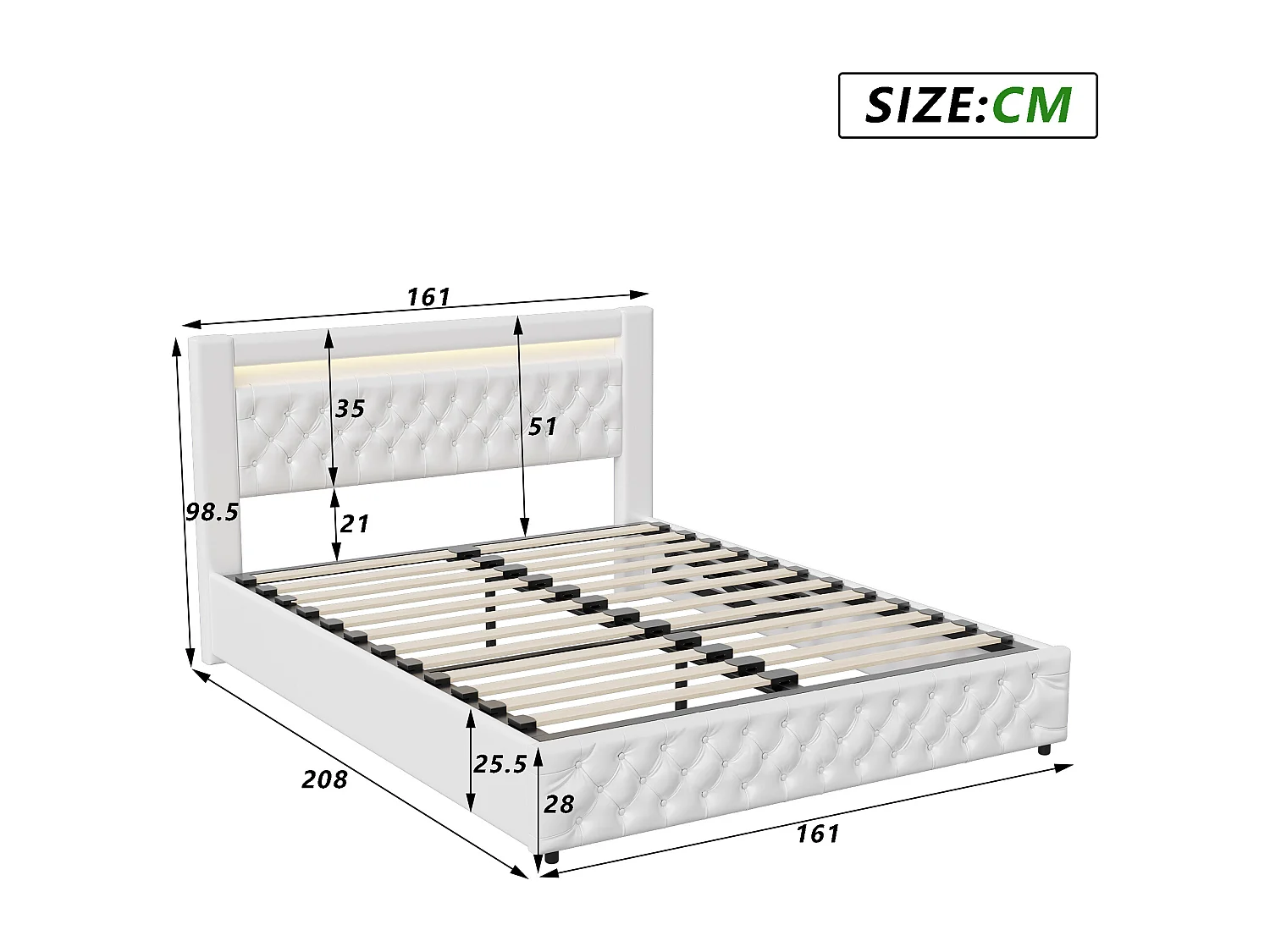 Cama moderna tapizada 160x200 cm con almacenaje hidráulico, cabecero con LED, PU, blanco