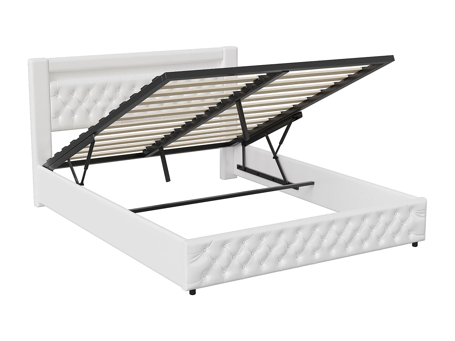 Cama estofada moderna 160 x 200 cm com armazenamento hidráulico, cabeceira com LED, PU, branco