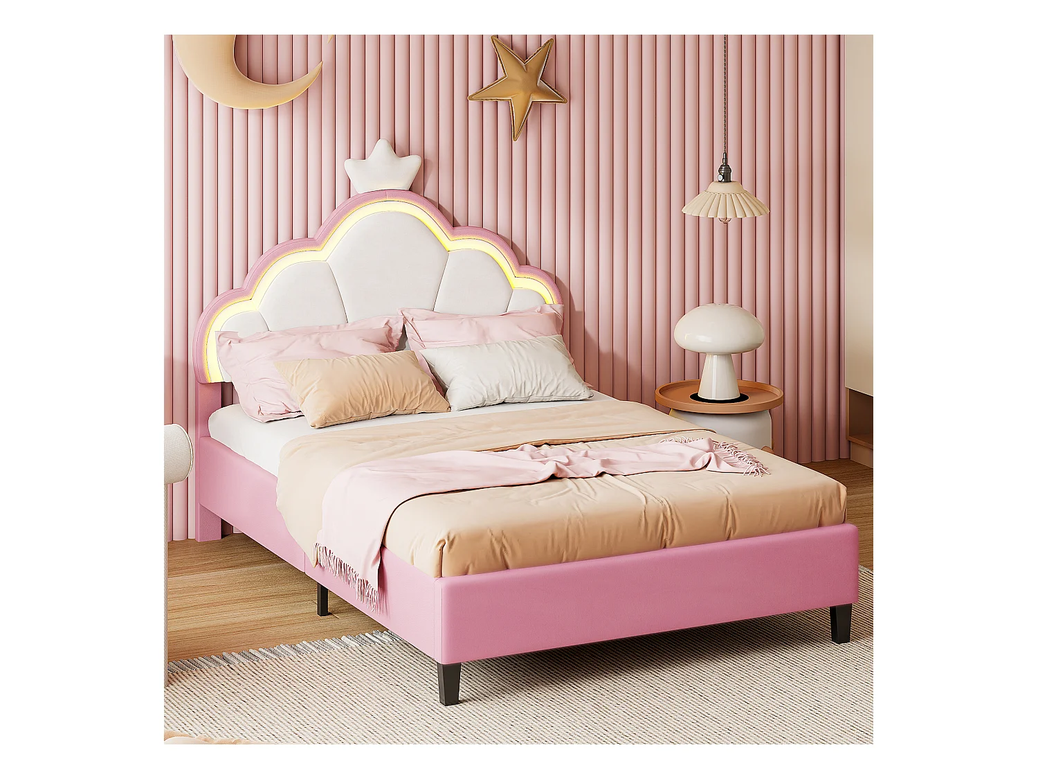 Lit rembourré 140 x 200 cm, lit simple avec sommier à lattes, tête de lit couronne, flanelle, rose