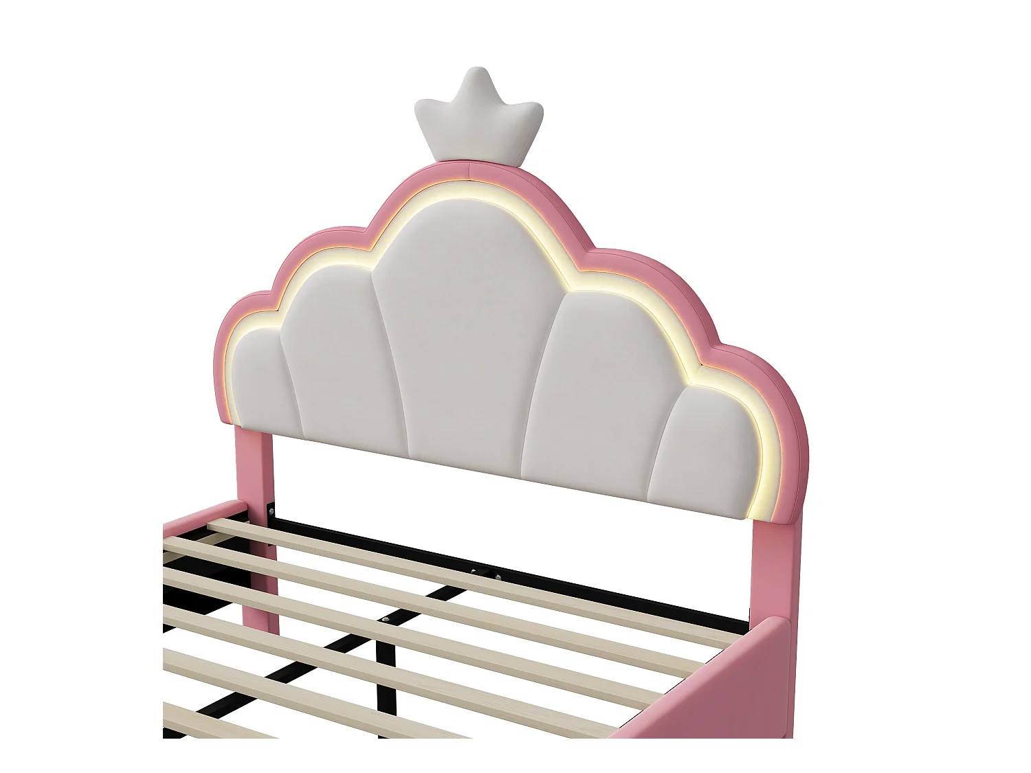 Lit rembourré 140 x 200 cm, lit simple avec sommier à lattes, tête de lit couronne, flanelle, rose