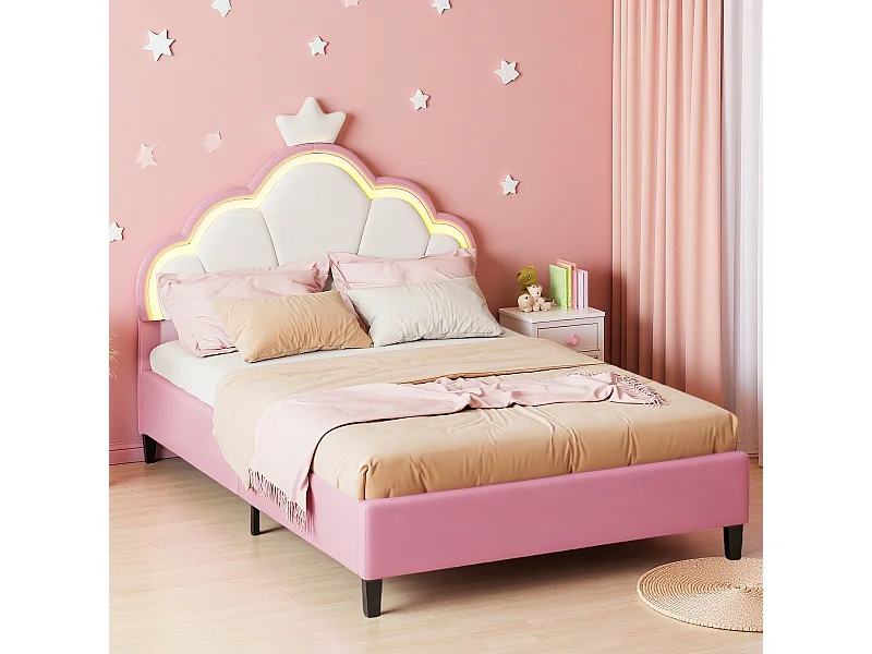 Gestoffeerd bed 140 x 200 cm, eenpersoonsbed met lattenbodem, kroonvormig hoofdeinde, flanel, roze