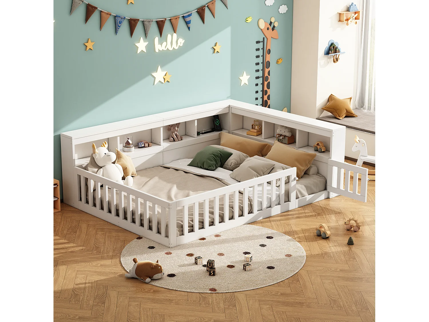 Łóżko dziecięce 2-osobowe - 140 x 190 cm - szafka nocna z miejscem do przechowywania + gniazdko + USB - z podstawą listwową - płyta wiórowa - białe