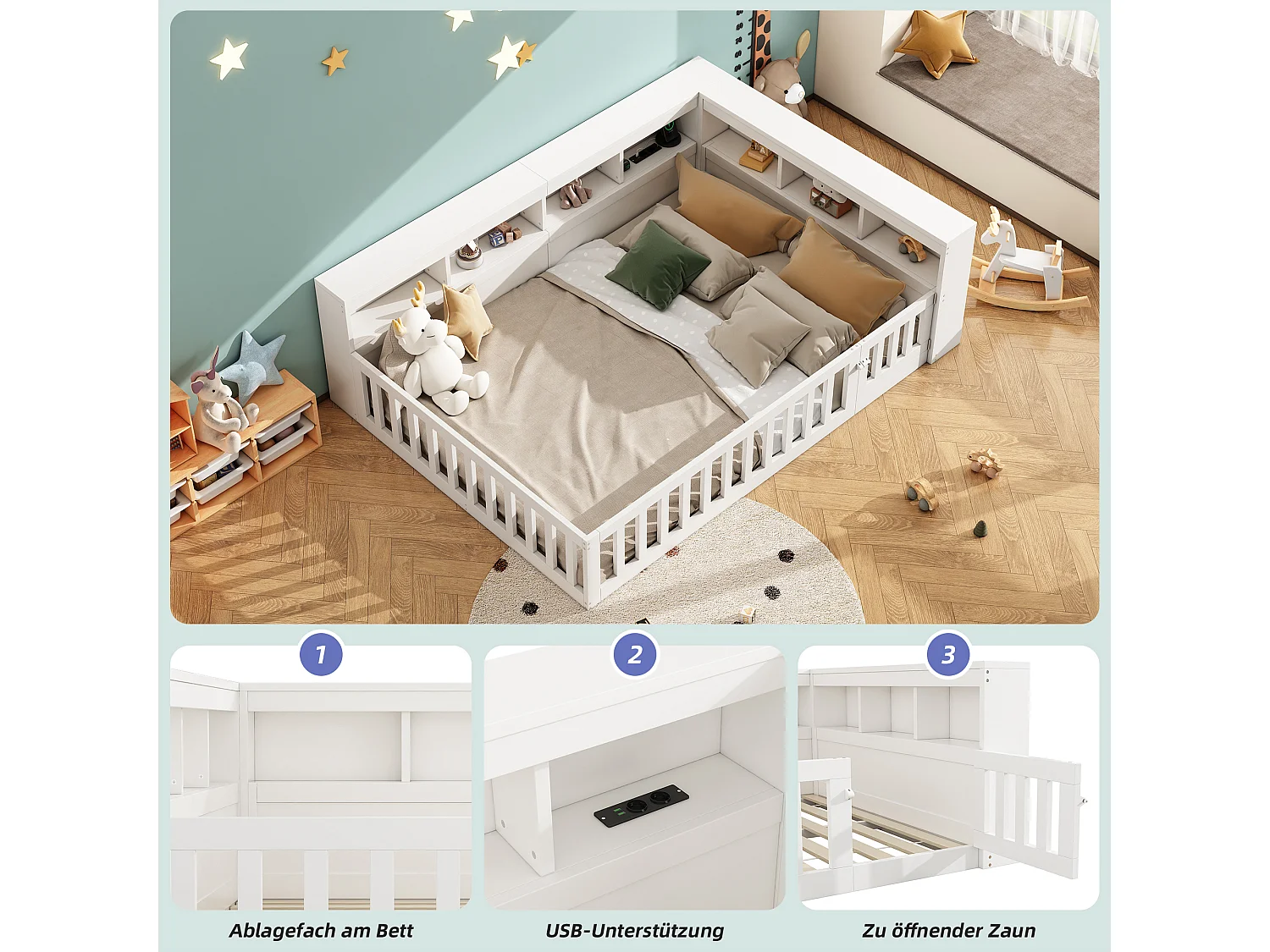 Łóżko dziecięce 2-osobowe - 140 x 190 cm - szafka nocna z miejscem do przechowywania + gniazdko + USB - z podstawą listwową - płyta wiórowa - białe