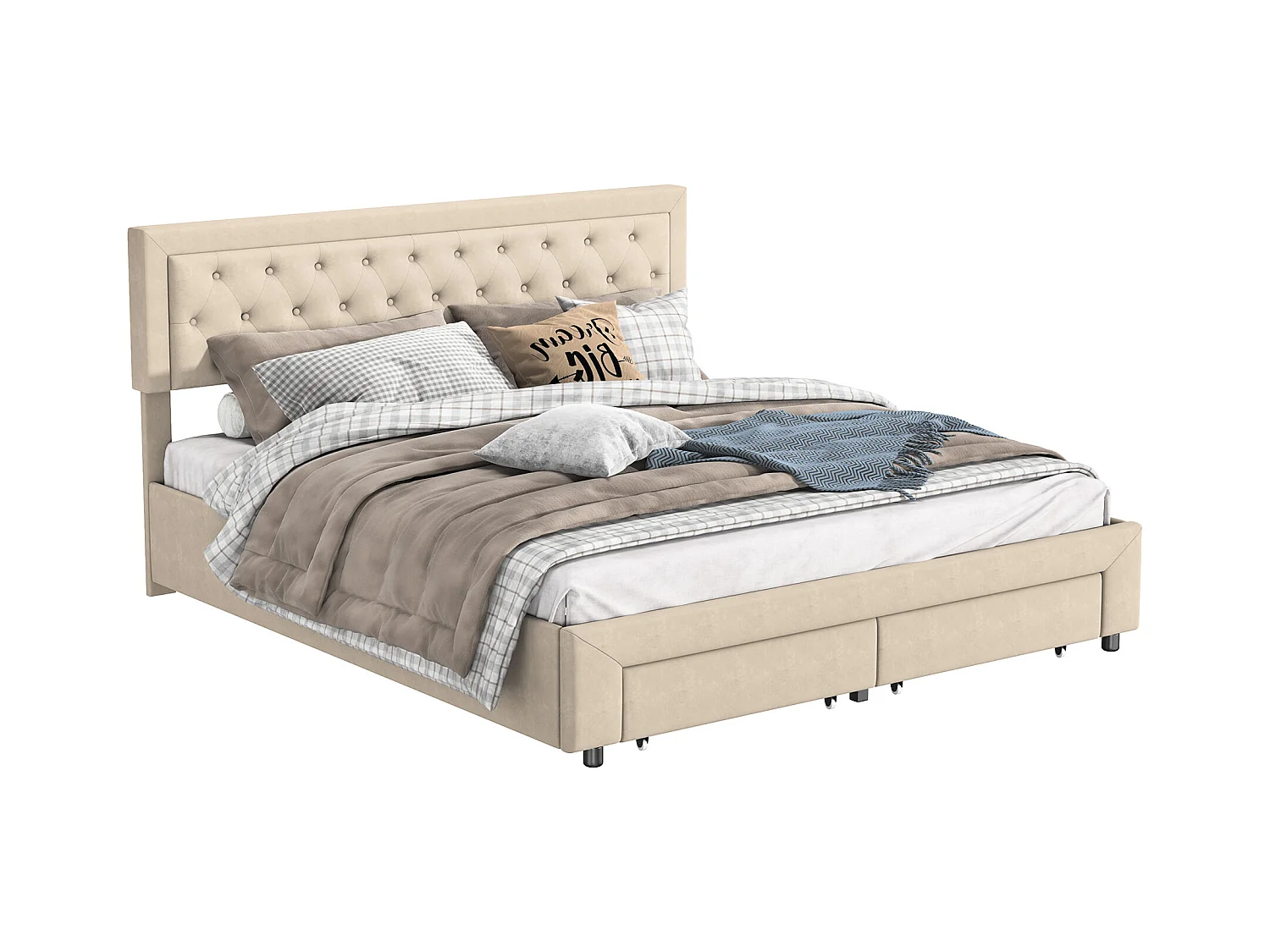 Lit Coffre 160x200 cm avec 2 Tiroirs, Lit Double avec Sommier à Lattes et Tête de Lit, Velours,Beige