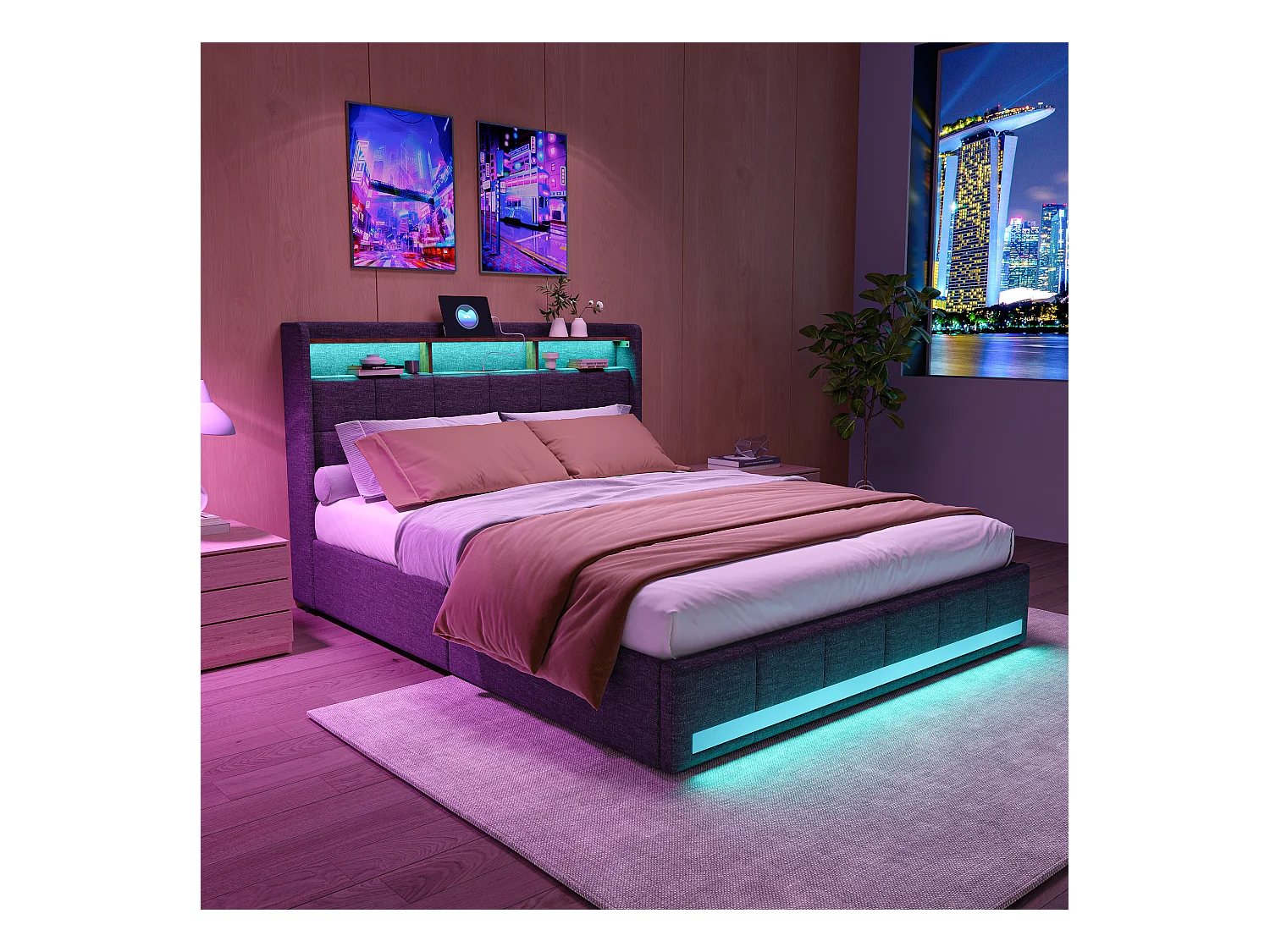 Lit 140x200 cm avec LED et USB, Coffre avec 4 Tiroirs et Grand Rangement, Double avec Lattes, Gris