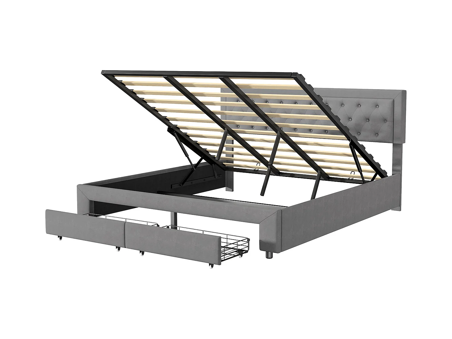 Cama com arrumação 180x200 cm com 2 gavetas, cama de casal com estrado de ripas e cabeceira, veludo, cinza