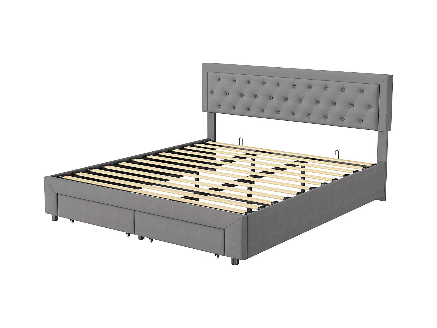 Cama com arrumação 180x200 cm com 2 gavetas, cama de casal com estrado de ripas e cabeceira, veludo, cinza