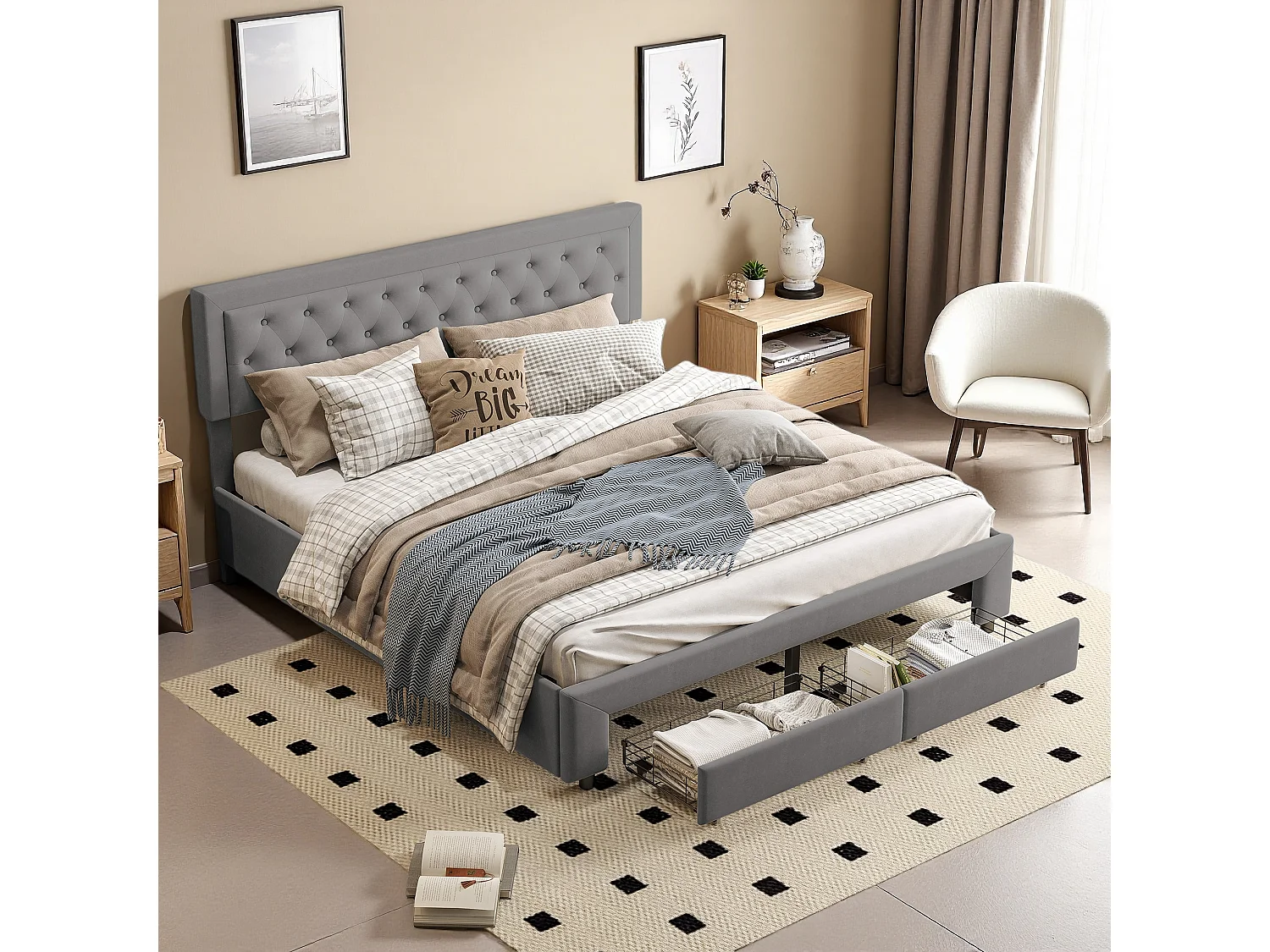 Lit Coffre 180x200 cm avec sommier à Lattes, Lits Hydraulique avec 2 Tiroirs, avec Espace de Rangement Caché, Lits 2 Personnes, sans Matelas, Velours, gris