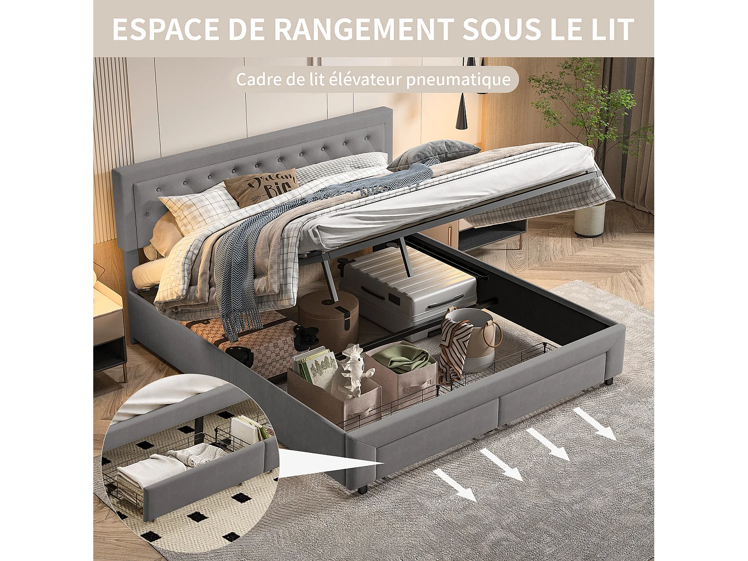 Lit Coffre 180x200 cm avec sommier à Lattes, Lits Hydraulique avec 2 Tiroirs, avec Espace de Rangement Caché, Lits 2 Personnes, sans Matelas, Velours, gris