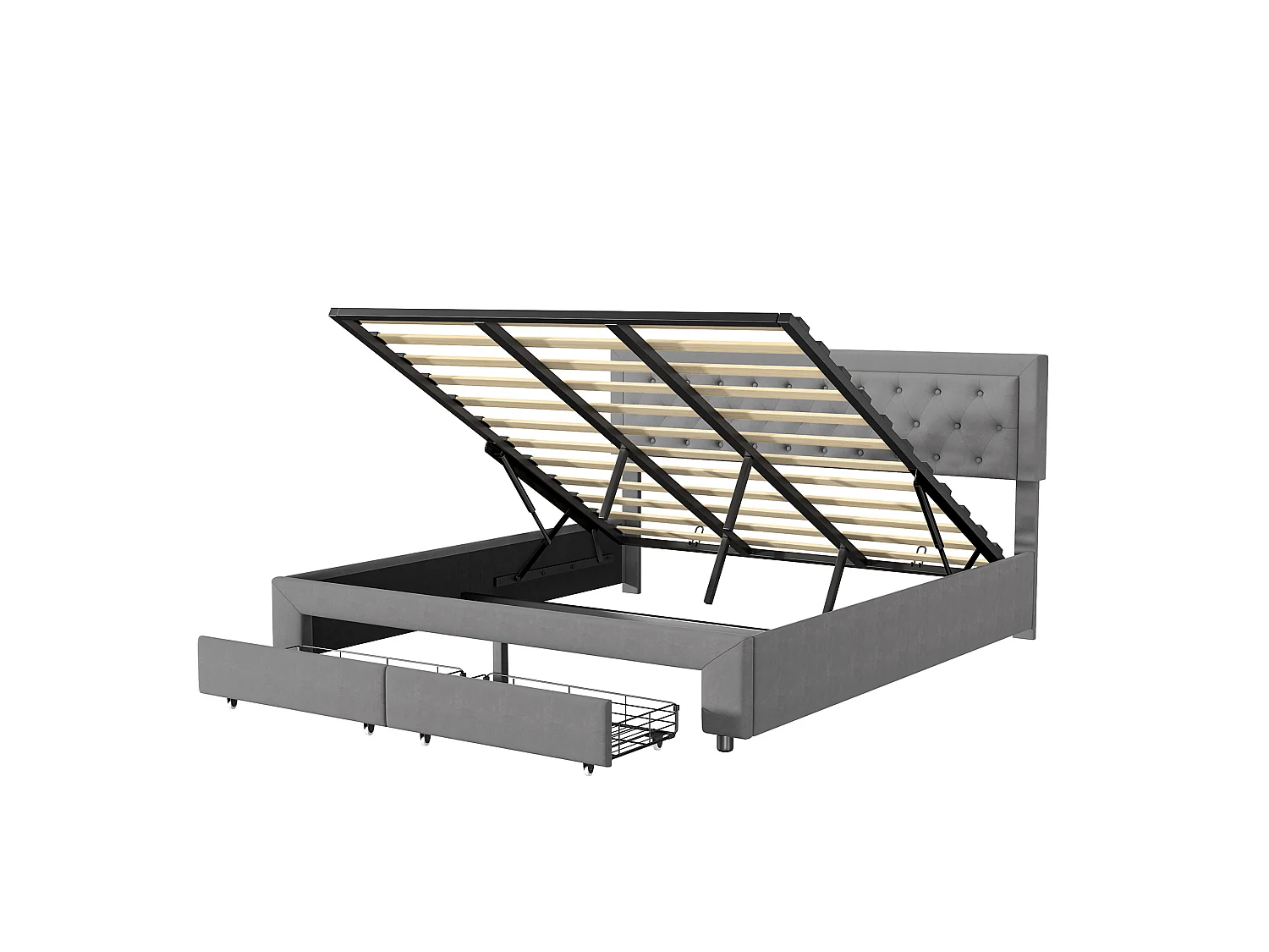 Lit Coffre 180x200 cm avec sommier à Lattes, Lits Hydraulique avec 2 Tiroirs, avec Espace de Rangement Caché, Lits 2 Personnes, sans Matelas, Velours, gris