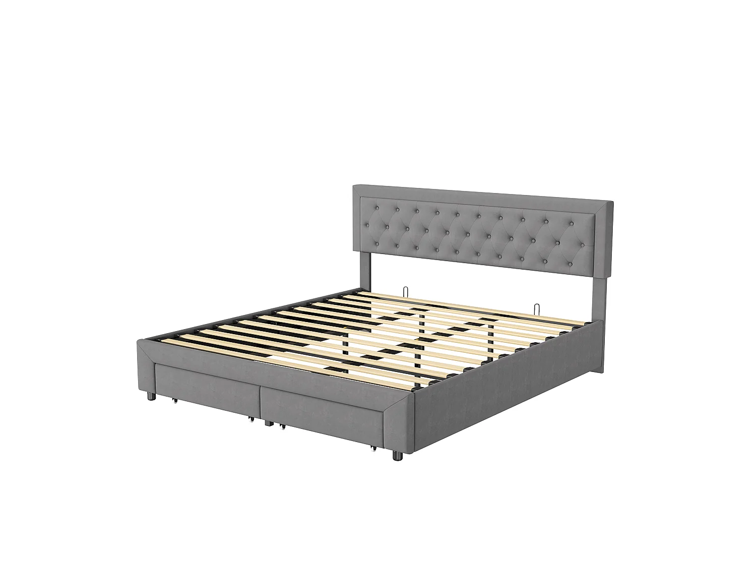 Lit Coffre 180x200 cm avec sommier à Lattes, Lits Hydraulique avec 2 Tiroirs, avec Espace de Rangement Caché, Lits 2 Personnes, sans Matelas, Velours, gris