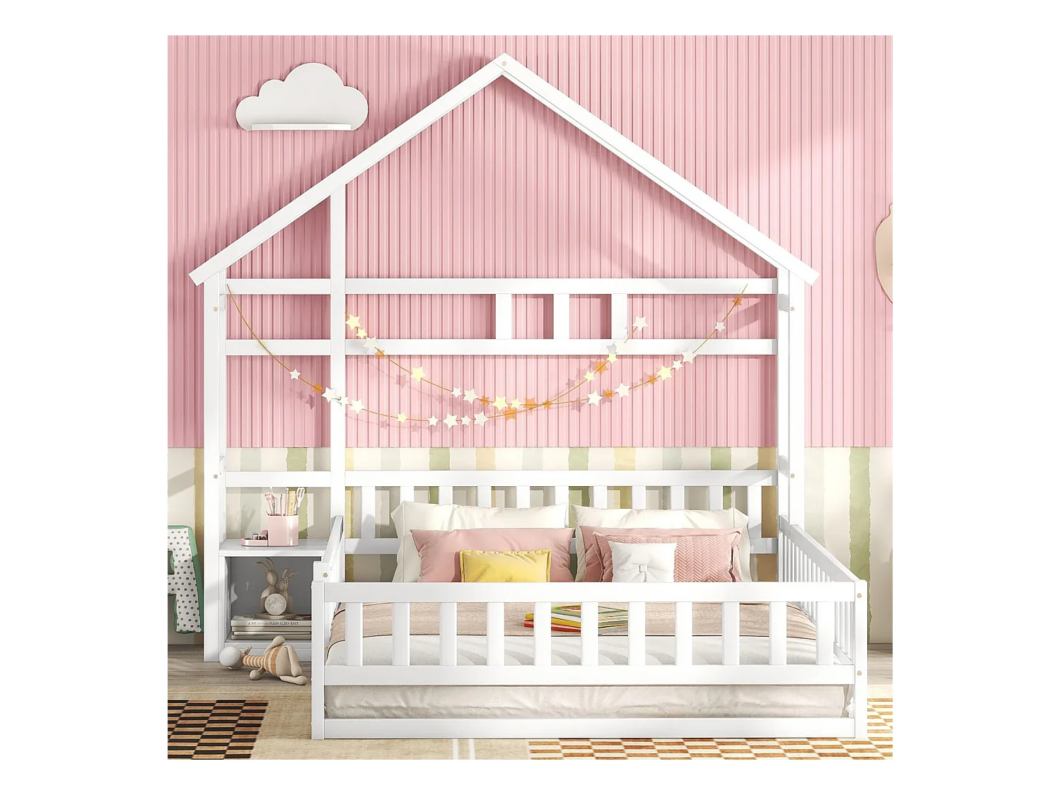 Lit de sol, 140 x 200 cm, avec protection anti-chute, avec table de chevet et ménage décoratif,blanc