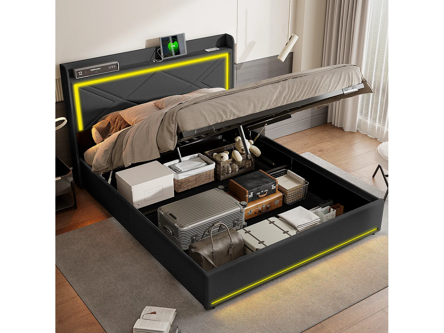 Lit Coffre 160 x 200 cm avec LED et USB, Lit Double Rembourré avec Rangement sous Lit, PU, Noir
