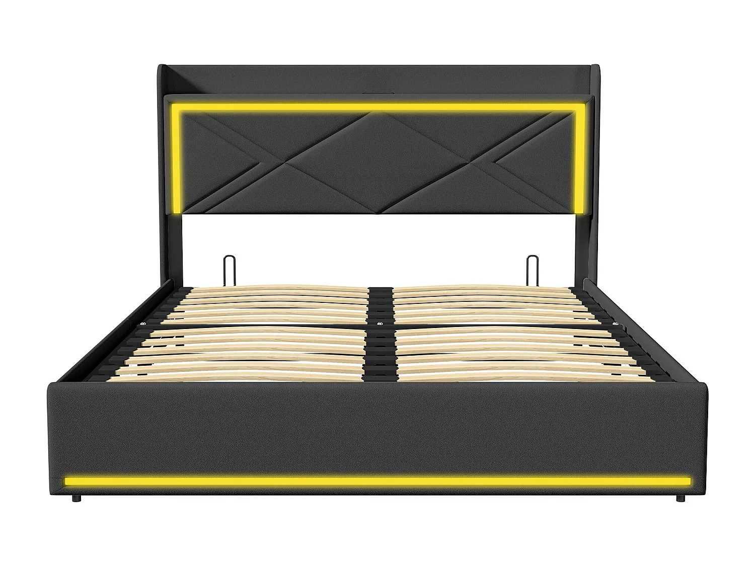 Lit Coffre 160 x 200 cm avec LED et USB, Lit Double Rembourré avec Rangement sous Lit, PU, Noir
