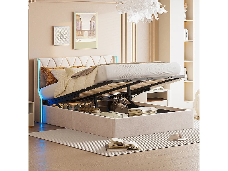 Lit Rembourré 160x200 avec LED et Rangement, Lits capitonné avec Sommier à Lattes, Velours,Beige