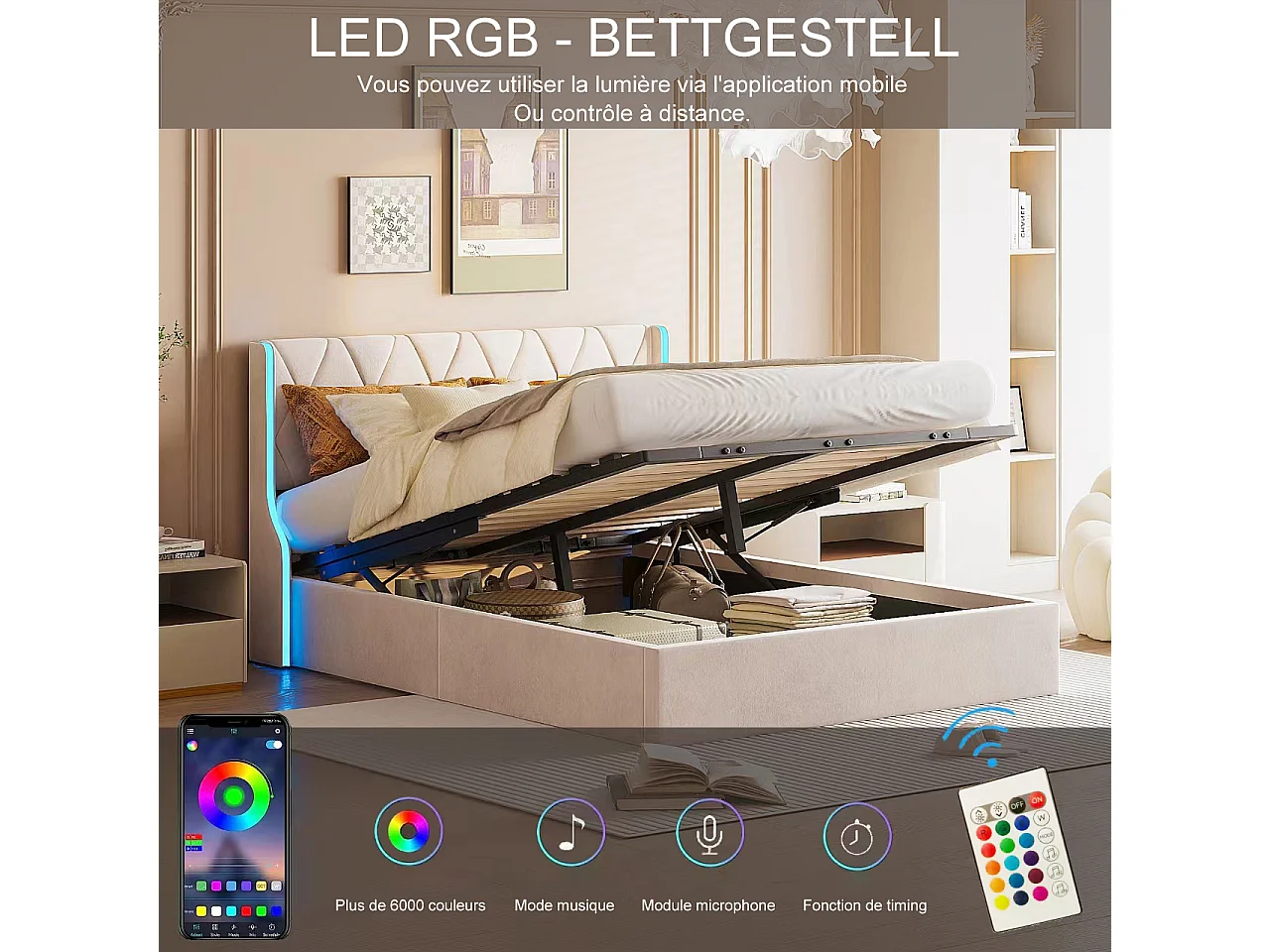 Gestoffeerd bed 160x200 met LED en opbergruimte, Gestoffeerde bedden met lattenbodem, Fluweel, Beige