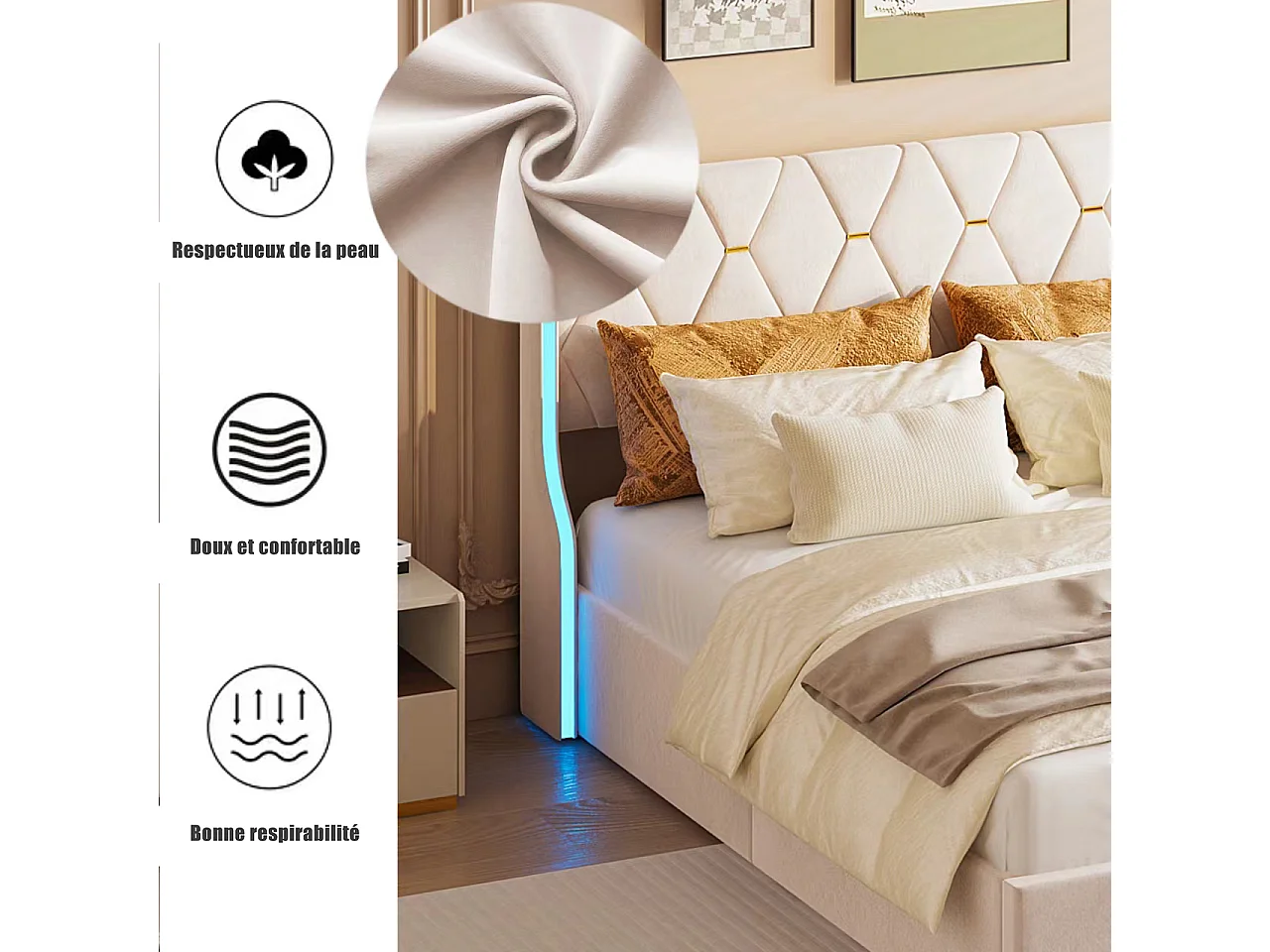 Letto imbottito 160x200 con illuminazione a LED e contenitore, letto capitonné con rete a doghe, velluto, beige