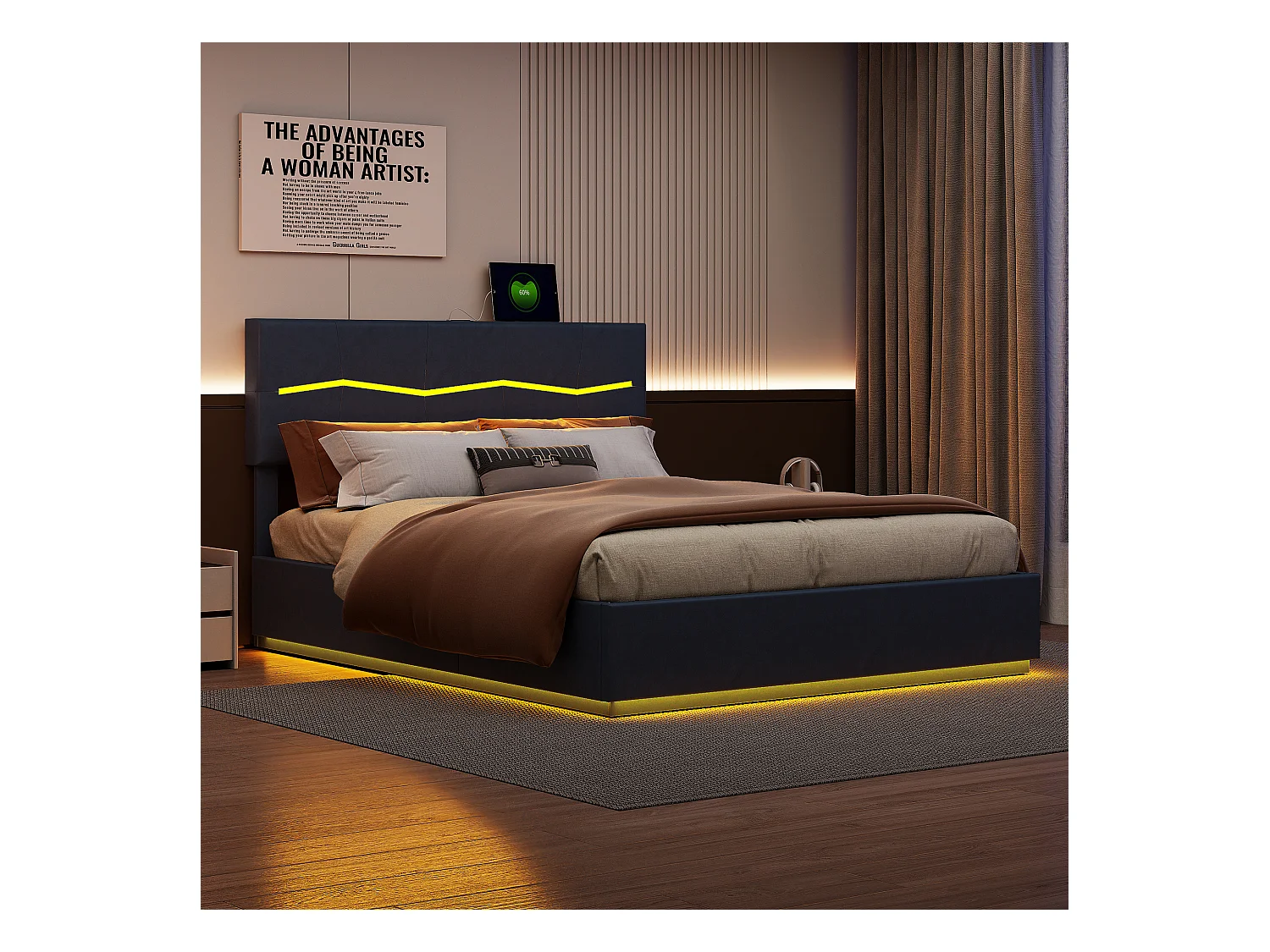 Cama com arrumação 180x200 cm, cabeceira estofada com LED e USB, grande arrumação debaixo da cama, tecido PU, preto