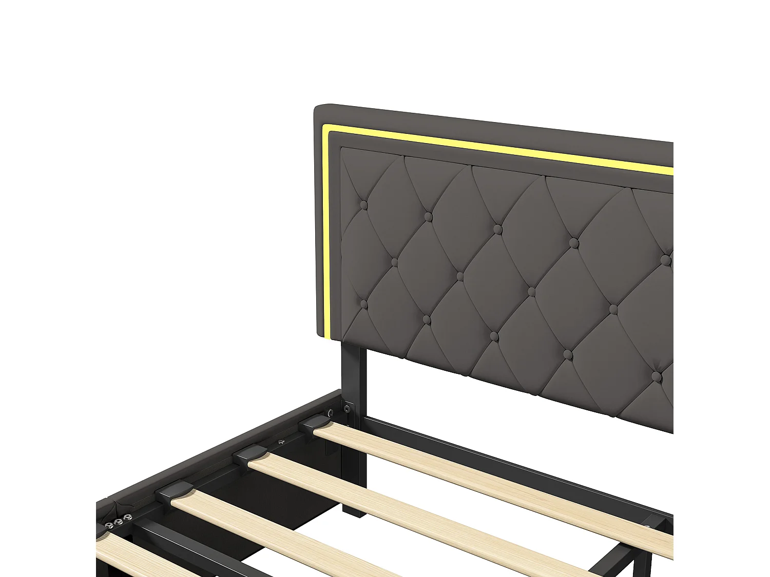 Lit capitonné LED 160 x 200 cm, avec 2 tiroirs et sommier à lattes, tête de lit réglable, PU, Gris