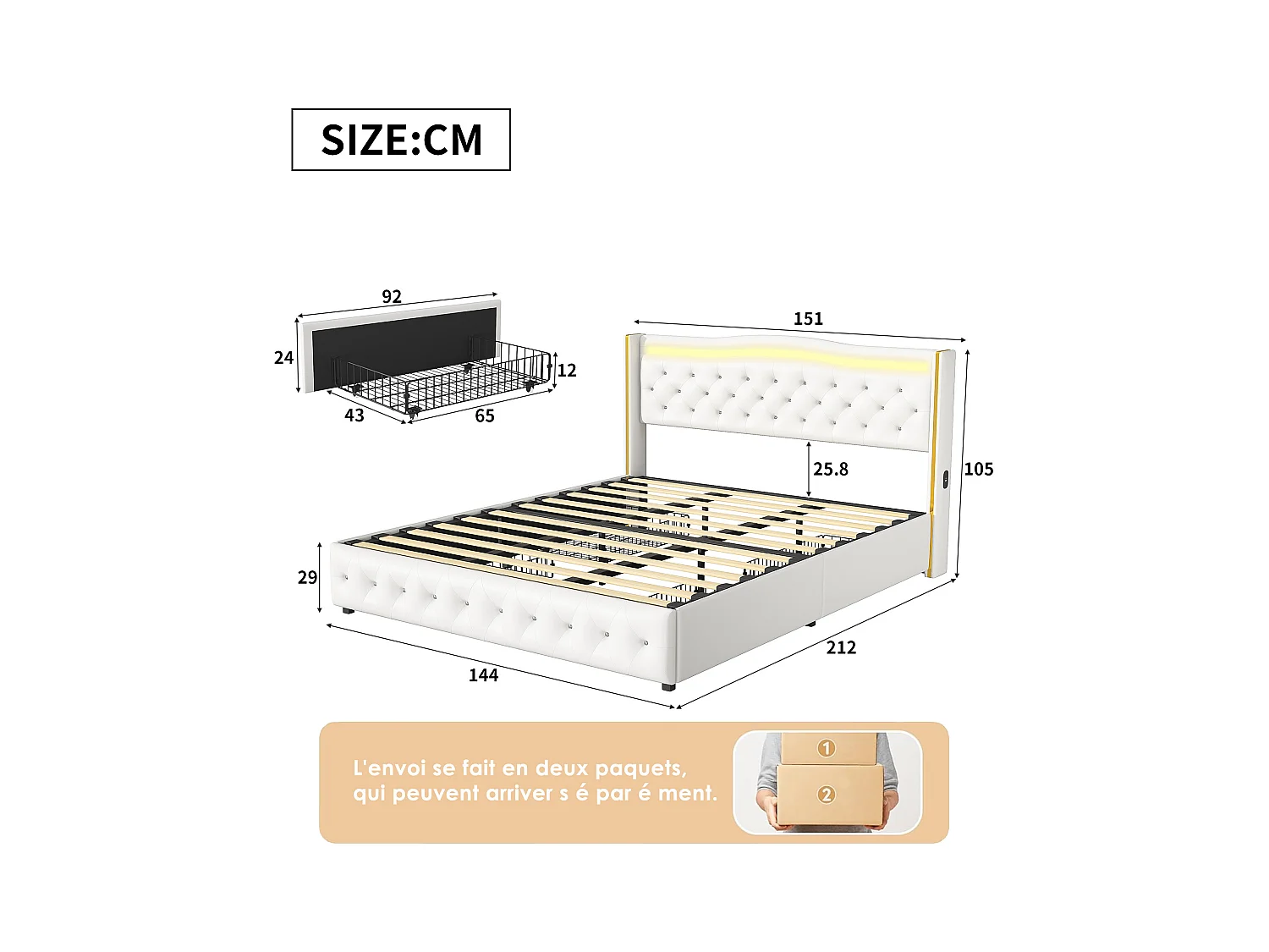 Bed 140x200 cm met LED- en USB-basis, gestoffeerd tweepersoonsbed met hoofdeinde en 4 lades, PU, wit