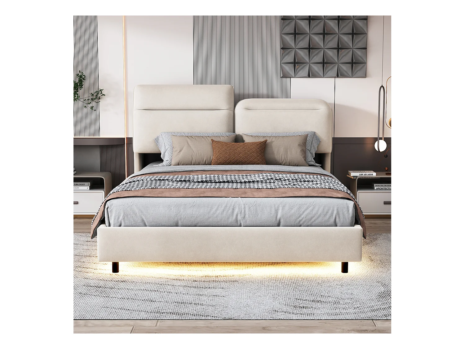 Letto matrimoniale imbottito 140 x 200 cm, LED, con testiera pieghevole e rete a doghe, velluto, Bianco