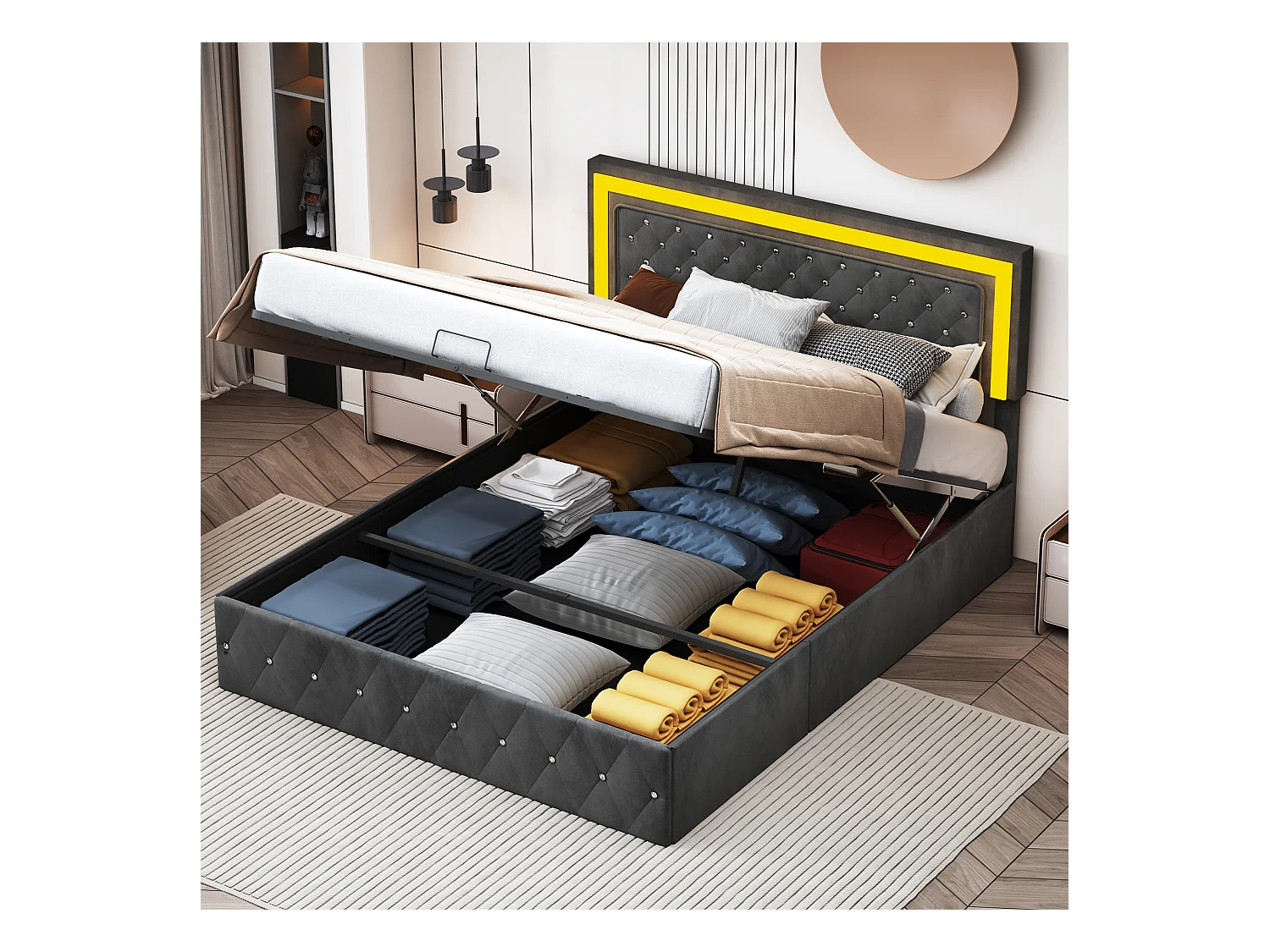 Cama de 140 x 200 cm con compartimentos, LED y espacio de almacenaje, cama doble con cabecero ajustable, terciopelo, color negro