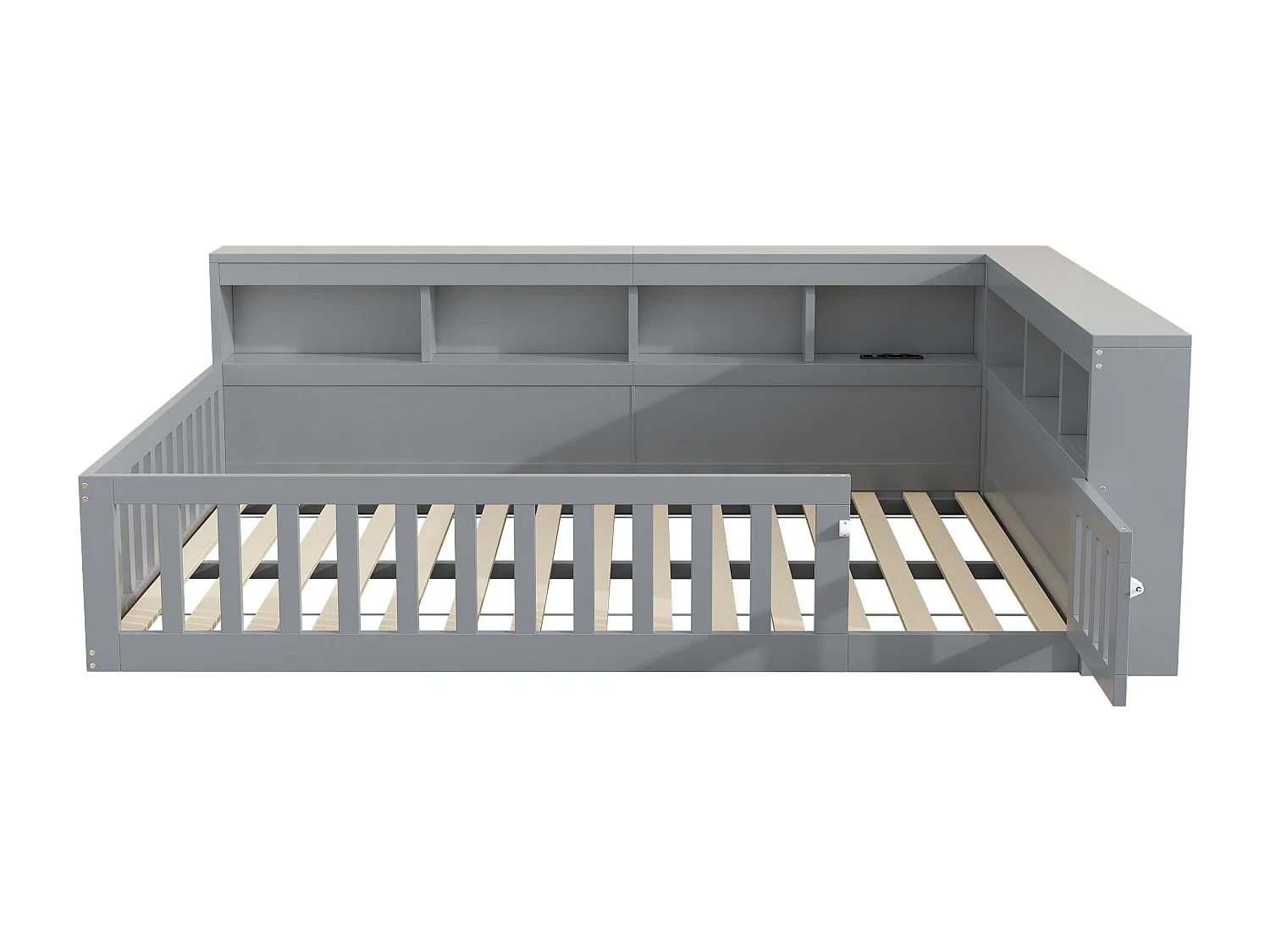 Lit double pour enfant - 140 x 190 cm - chevet avec rangements + prise + USB - avec sommier à lattes - aggloméré - gris