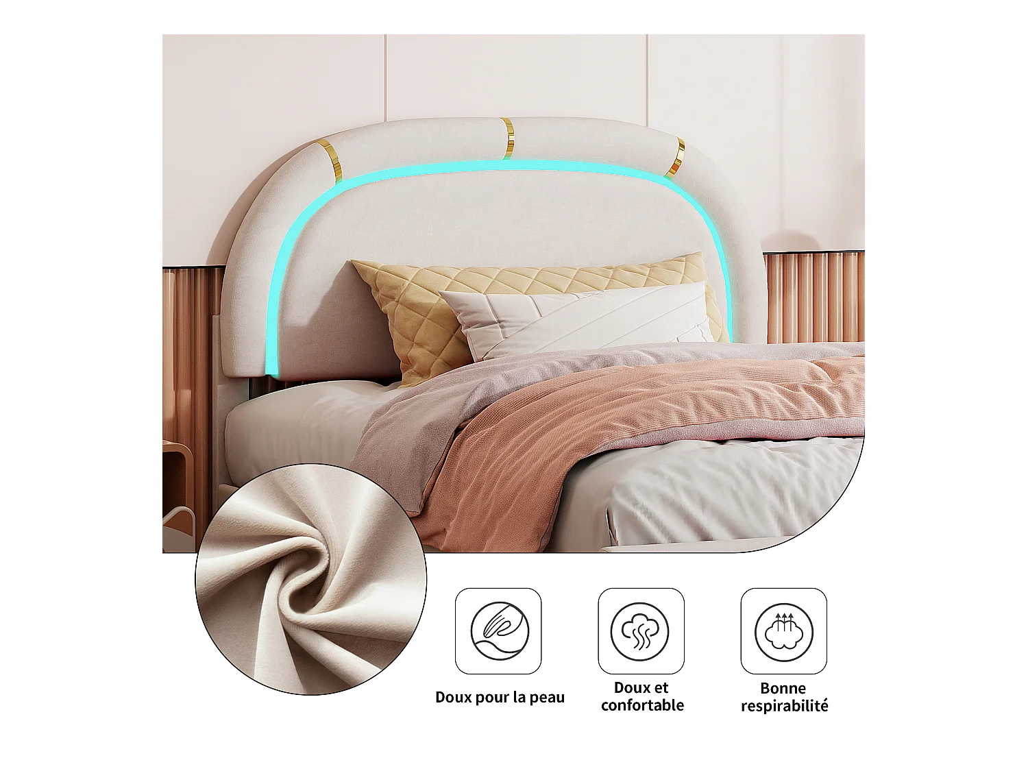 Letto matrimoniale 140x200 con LED e 2 cassetti, USB, letti imbottiti con rete a doghe in legno, bianco