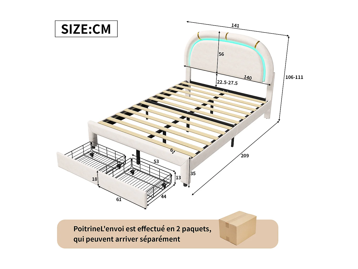 Tweepersoonsbed 140x200 met LED en 2 lades, USB, gestoffeerd bed met houten lattenbodem, wit
