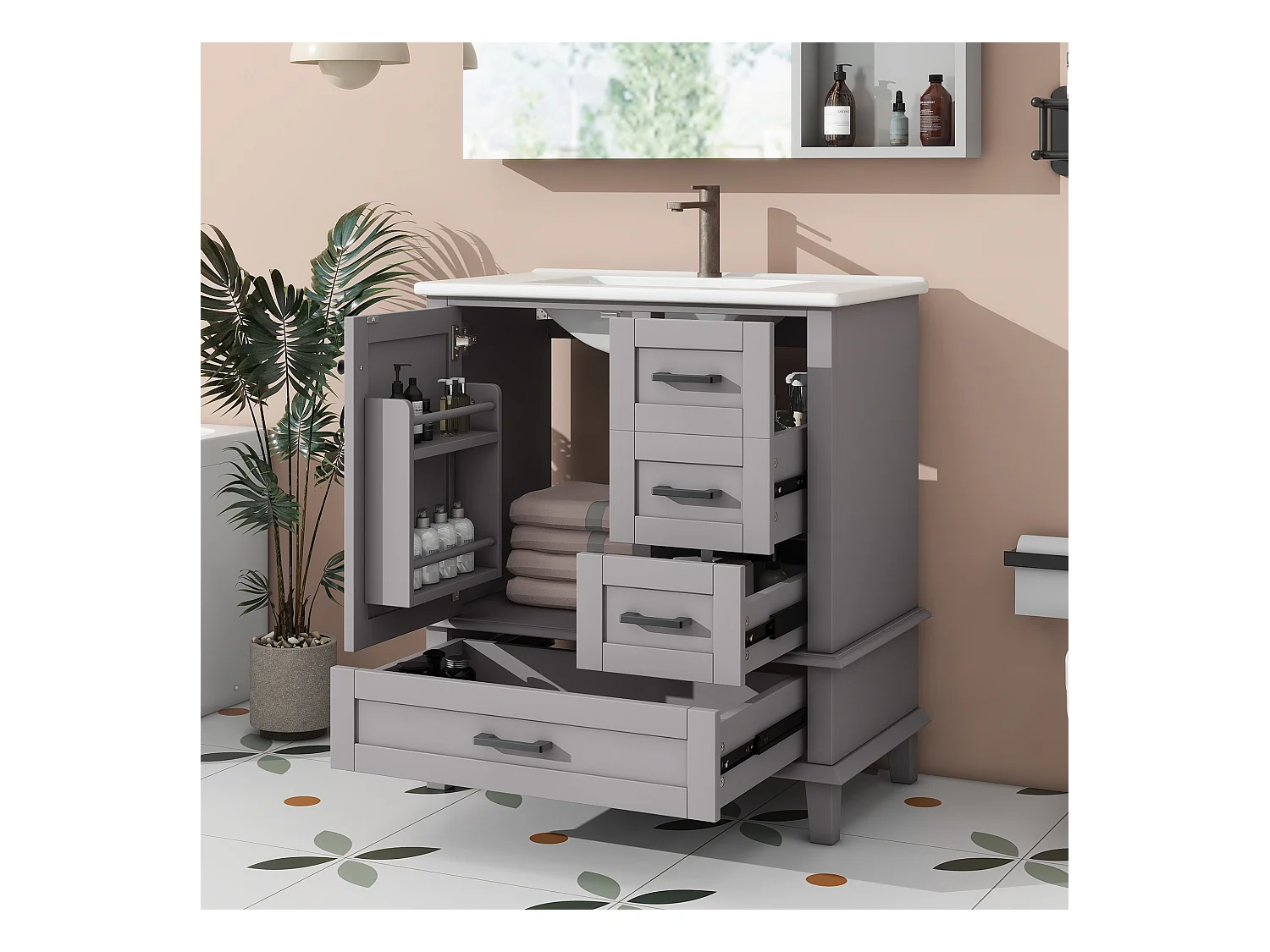 Meuble simple vasque posé au sol - 76 x 46 x 83.5 cm - avec vasque céramique - avec rangements -  Céramique + MDF - gris (Robinet non inclus)