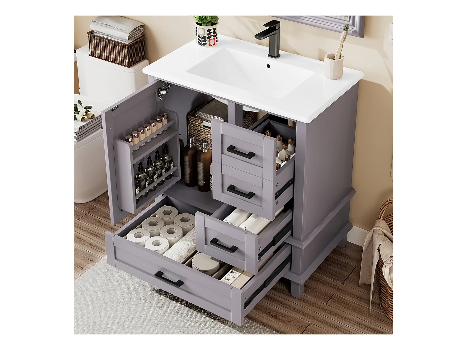 Meuble simple vasque posé au sol - 76 x 46 x 83.5 cm - avec vasque céramique - avec rangements -  Céramique + MDF - gris (Robinet non inclus)