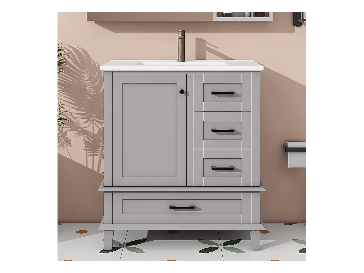 Meuble simple vasque posé au sol - 76 x 46 x 83.5 cm - avec vasque céramique - avec rangements -  Céramique + MDF - gris (Robinet non inclus)