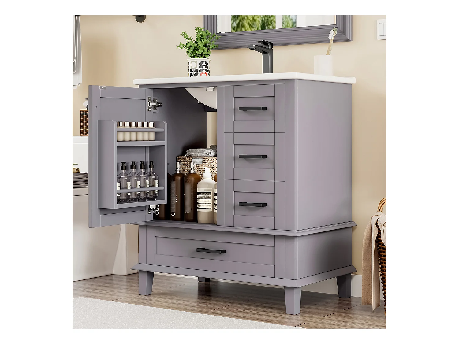 Meuble simple vasque posé au sol - 76 x 46 x 83.5 cm - avec vasque céramique - avec rangements -  Céramique + MDF - gris (Robinet non inclus)