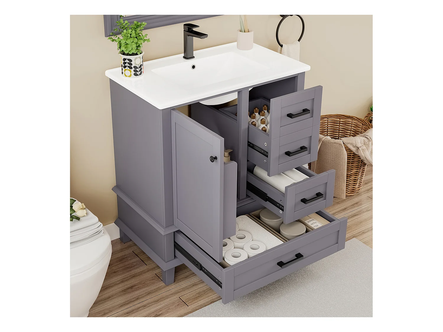 Meuble simple vasque posé au sol - 76 x 46 x 83.5 cm - avec vasque céramique - avec rangements -  Céramique + MDF - gris (Robinet non inclus)