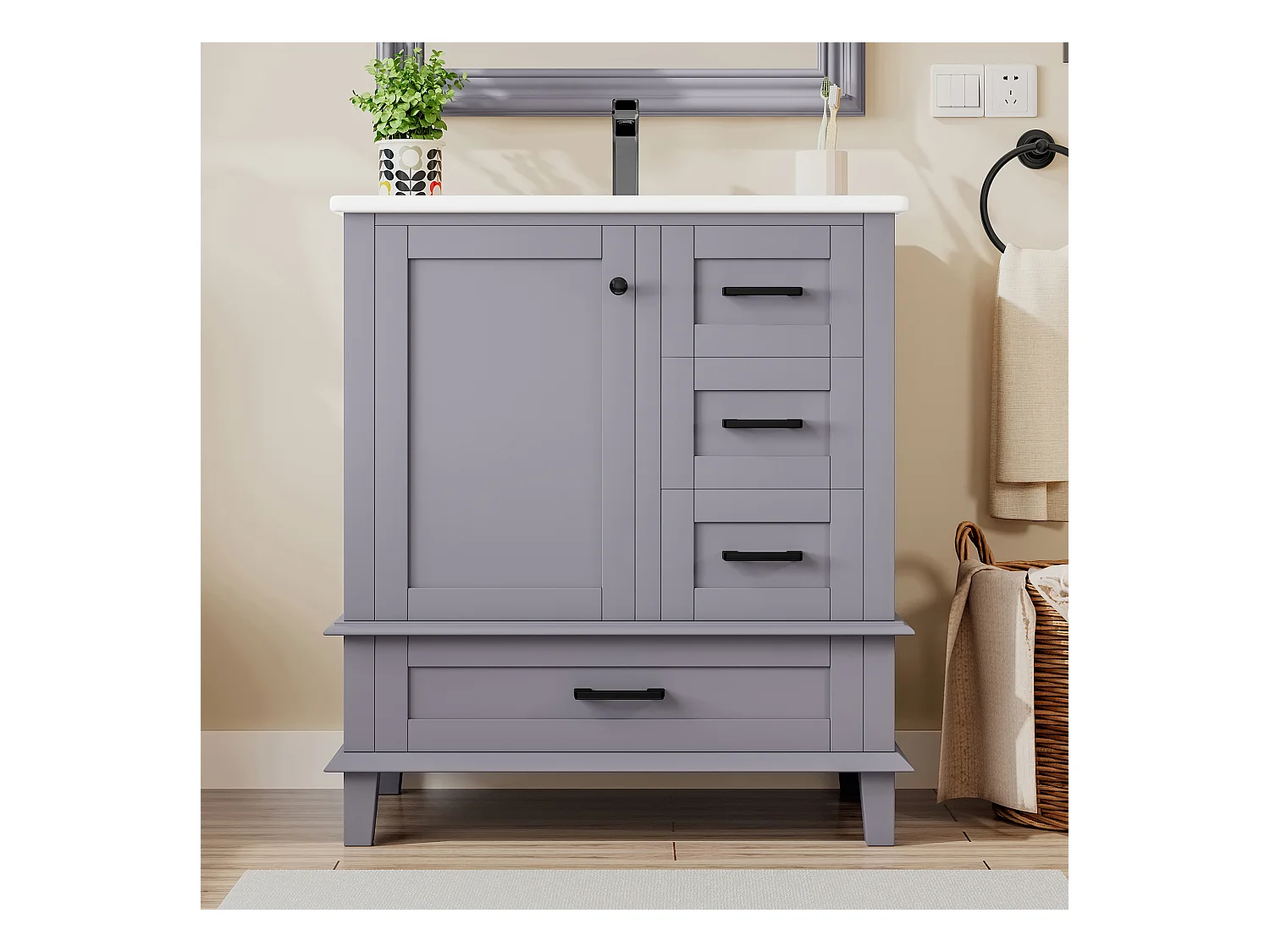 Meuble simple vasque posé au sol - 76 x 46 x 83.5 cm - avec vasque céramique - avec rangements -  Céramique + MDF - gris (Robinet non inclus)