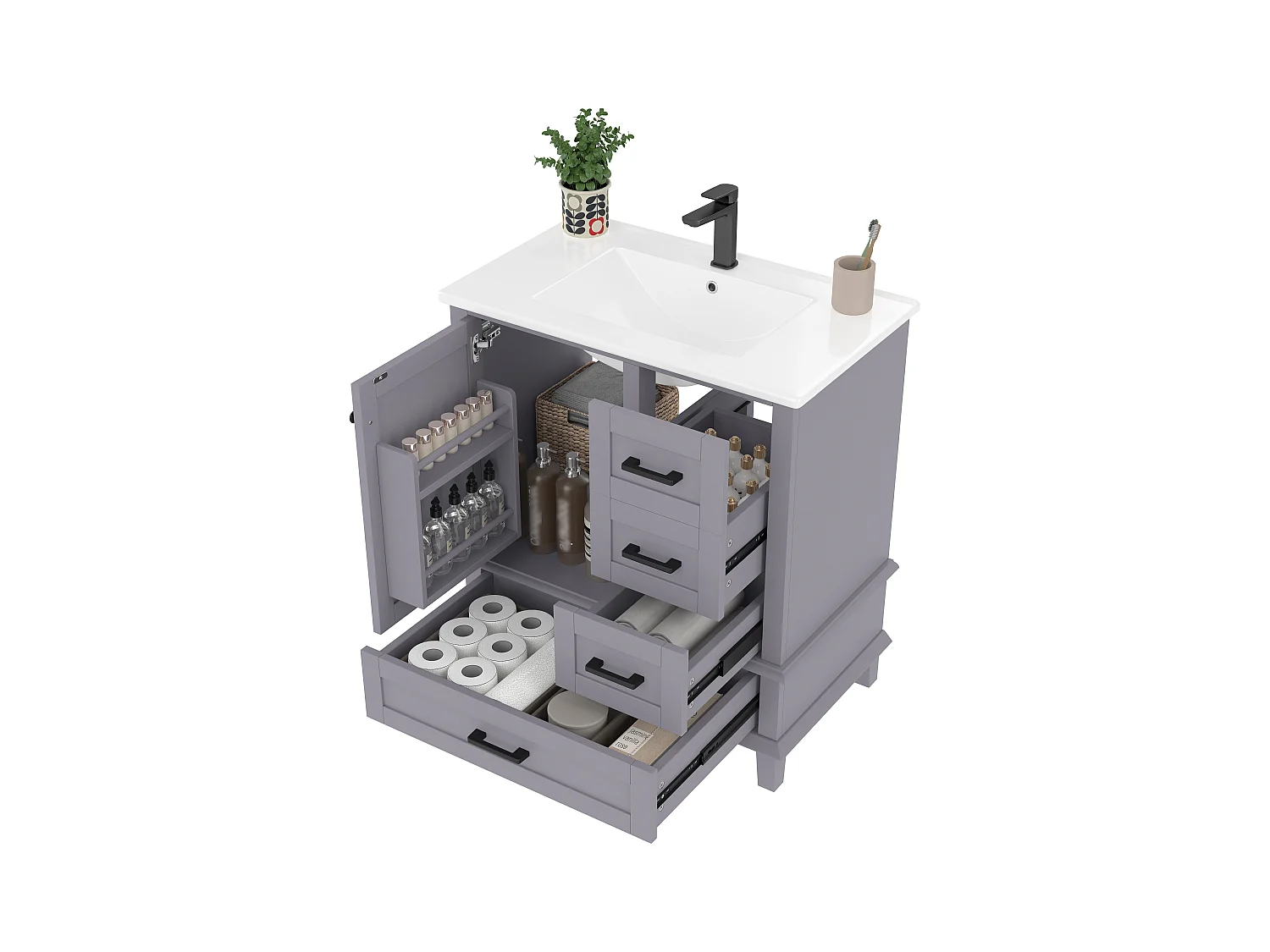 Meuble simple vasque posé au sol - 76 x 46 x 83.5 cm - avec vasque céramique - avec rangements -  Céramique + MDF - gris (Robinet non inclus)