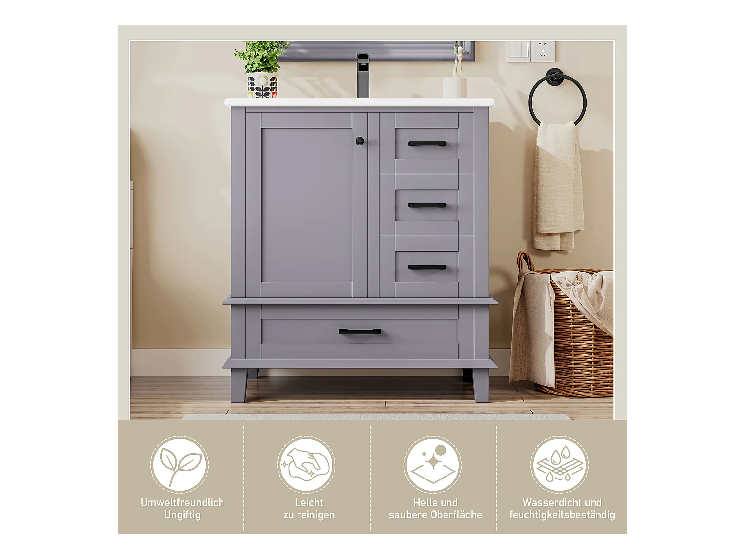 Meuble simple vasque posé au sol - 76 x 46 x 83.5 cm - avec vasque céramique - avec rangements -  Céramique + MDF - gris (Robinet non inclus)