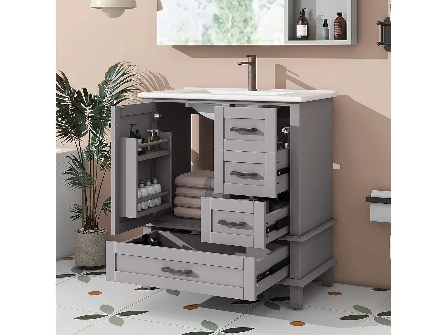 Mobile lavabo singolo a terra - 76 x 46 x 83,5 cm - con lavabo in ceramica - con contenitore - Ceramica + MDF - grigio (Rubinetto non incluso)